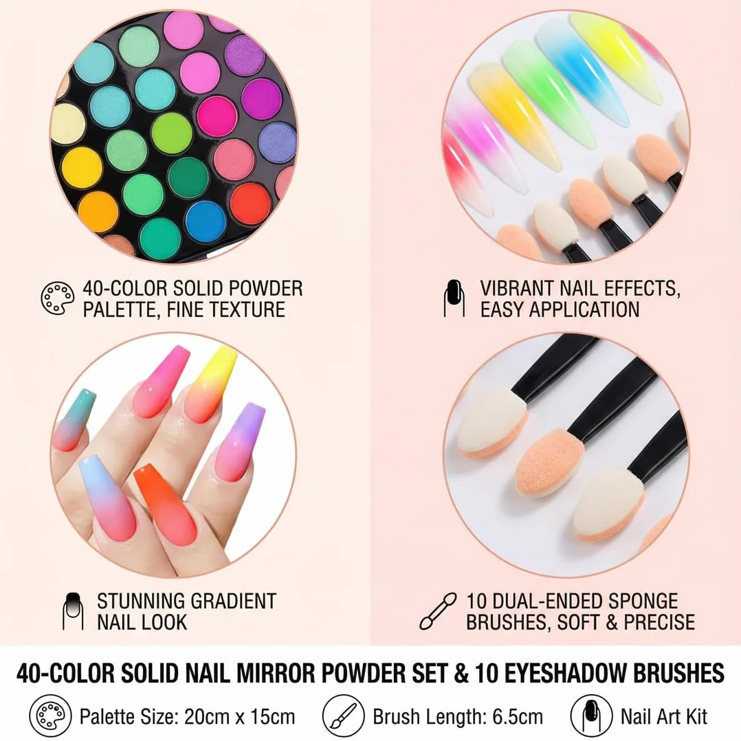 YUZNA 40 Couleurs Poudre à Ongles Pigmentée, Pailletée pour Nail Art, DIY Ongles, avec 10 Pinceaux