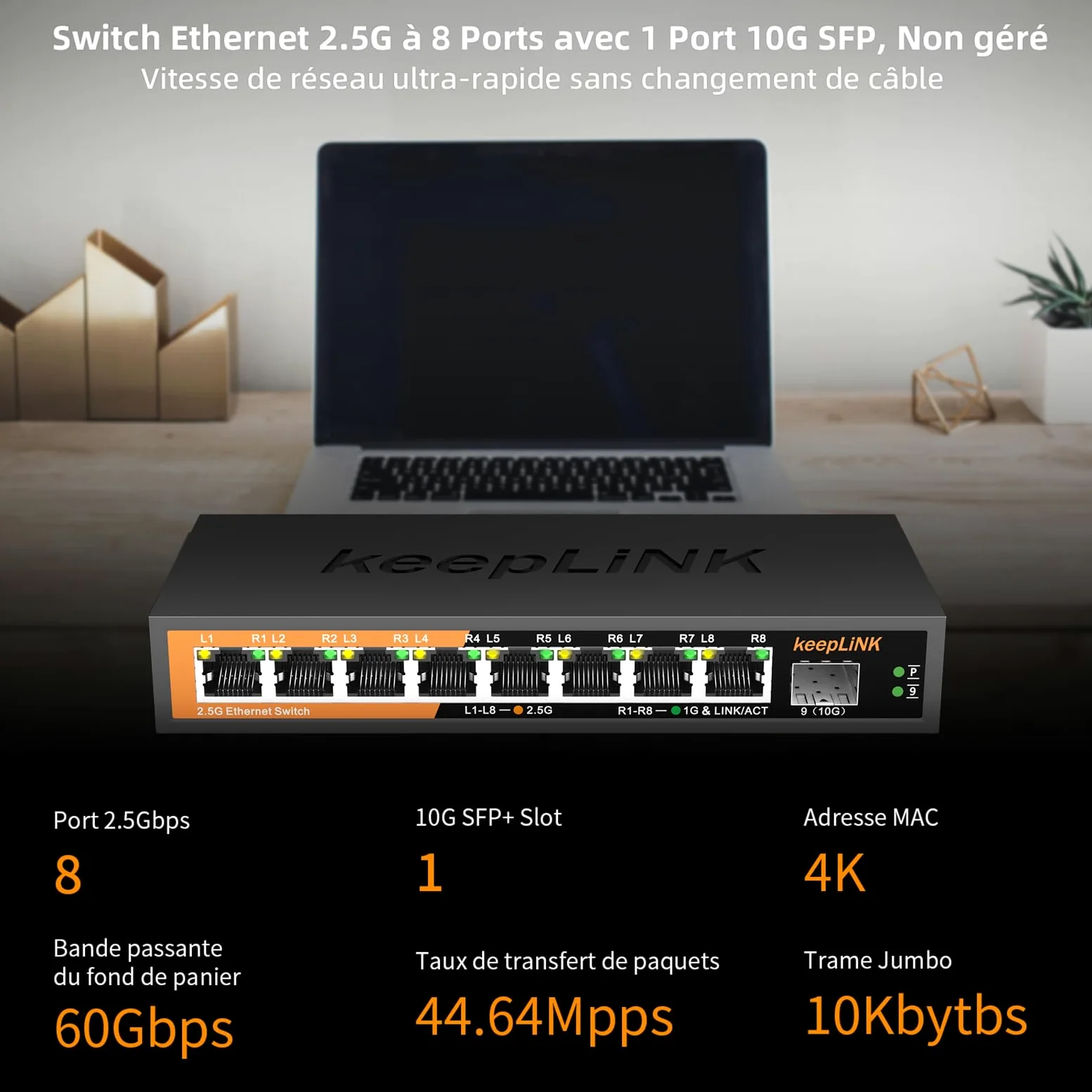 Switch Ethernet 2.5G 8 Ports, Switch Multi-Gigabit Non géré, Capacité de Commutation 60Gbps, Silencieux, sans Ventilateur, de Bureau / Montage Mural
