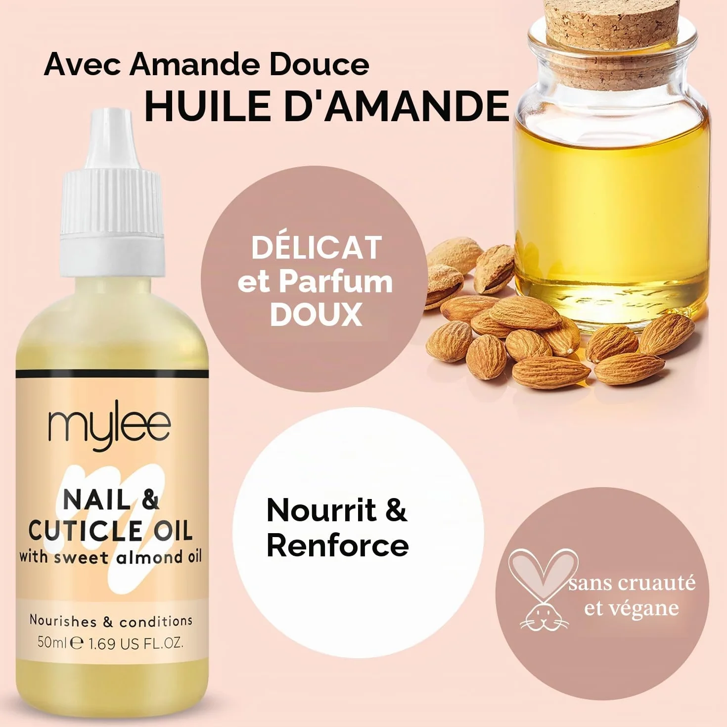 Mylee Huile pour Ongles et Cuticules à l'Amande Douce 50ml – Hydratation Nourrissante Non Grasse Sans Résidu