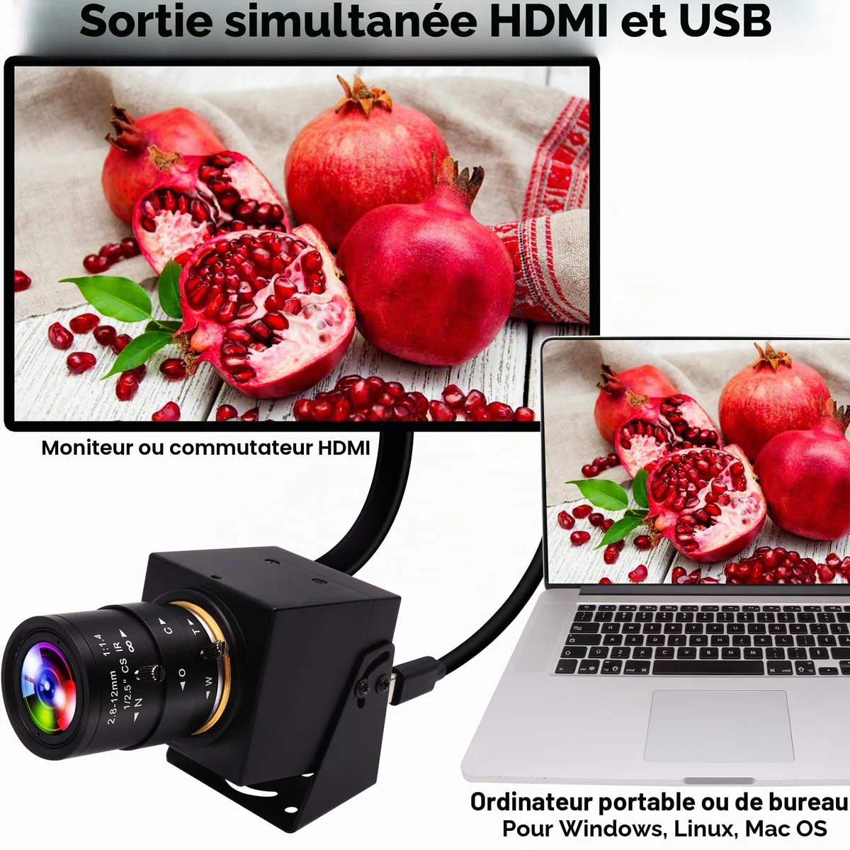 ELP Caméra USB 4K HDMI Grand Angle 2,8-12 mm Objectif Varifocal Focus Webcam Caméra de Gros Plan Prise en Charge H.265, Ultra HD 2160P Webcam avec capteur IM415 pour Ordinateur en Direct réunion