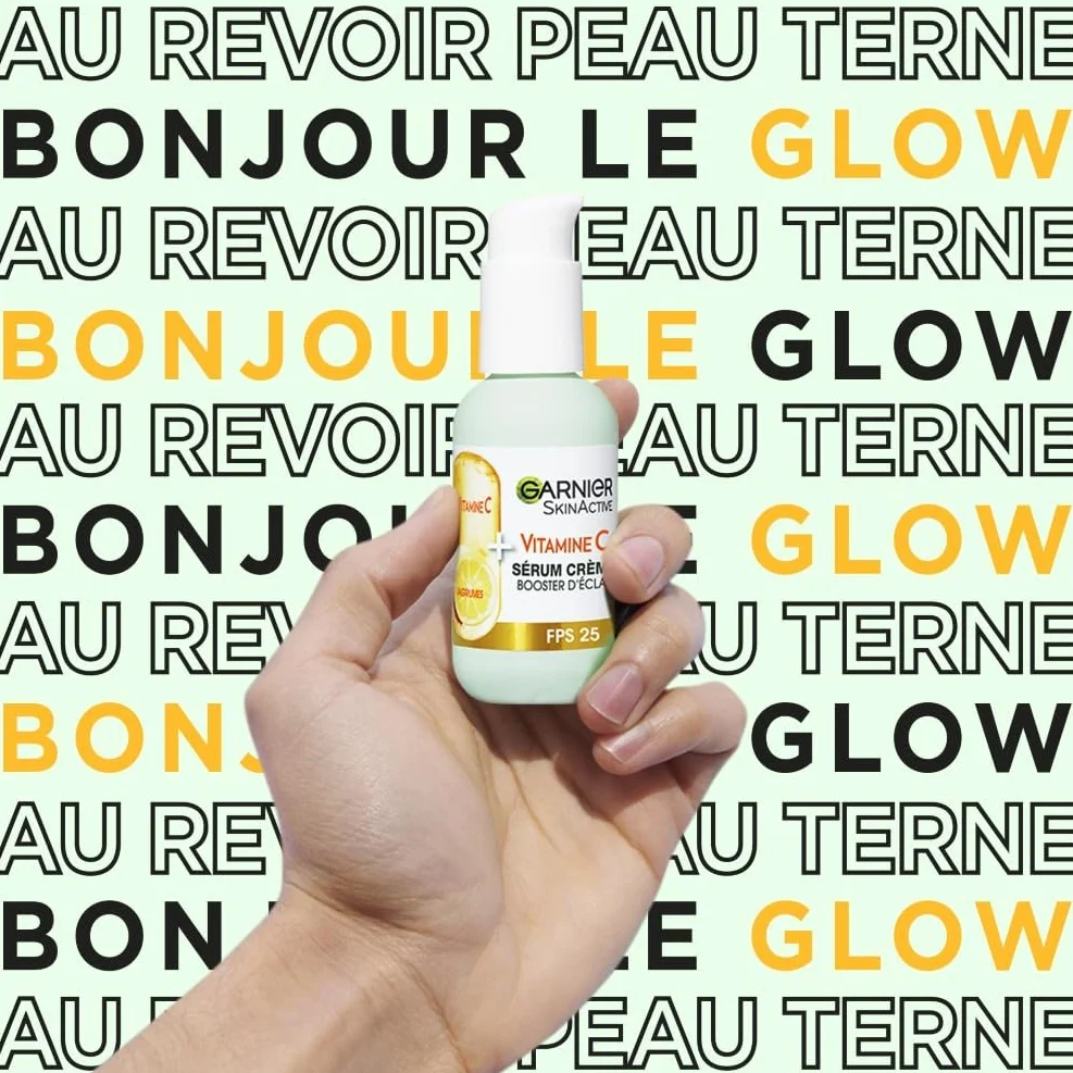 GARNIER Skin Active Sérum Crème Booster D'Éclat 2-En-1 Hydratation 72h FPS 25 Vitamine C 50 ml
