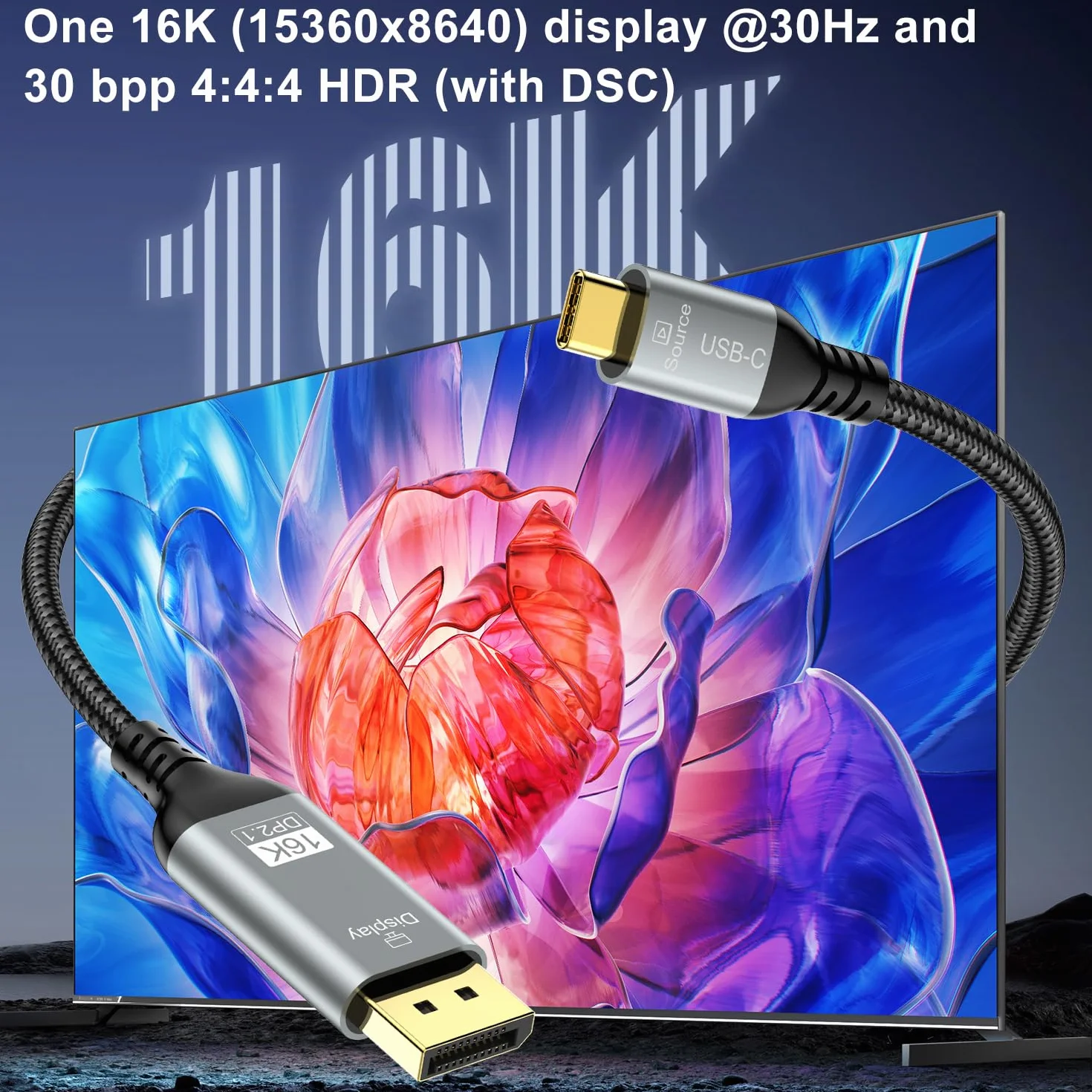 Câble USB C vers DisplayPort 2.1 16K 30Hz 8K 60Hz 4K 240Hz 40Gbps Thunderbolt 4/3 Compatible Macbook Pro Air iPhone 16 15 Pro Max 2M