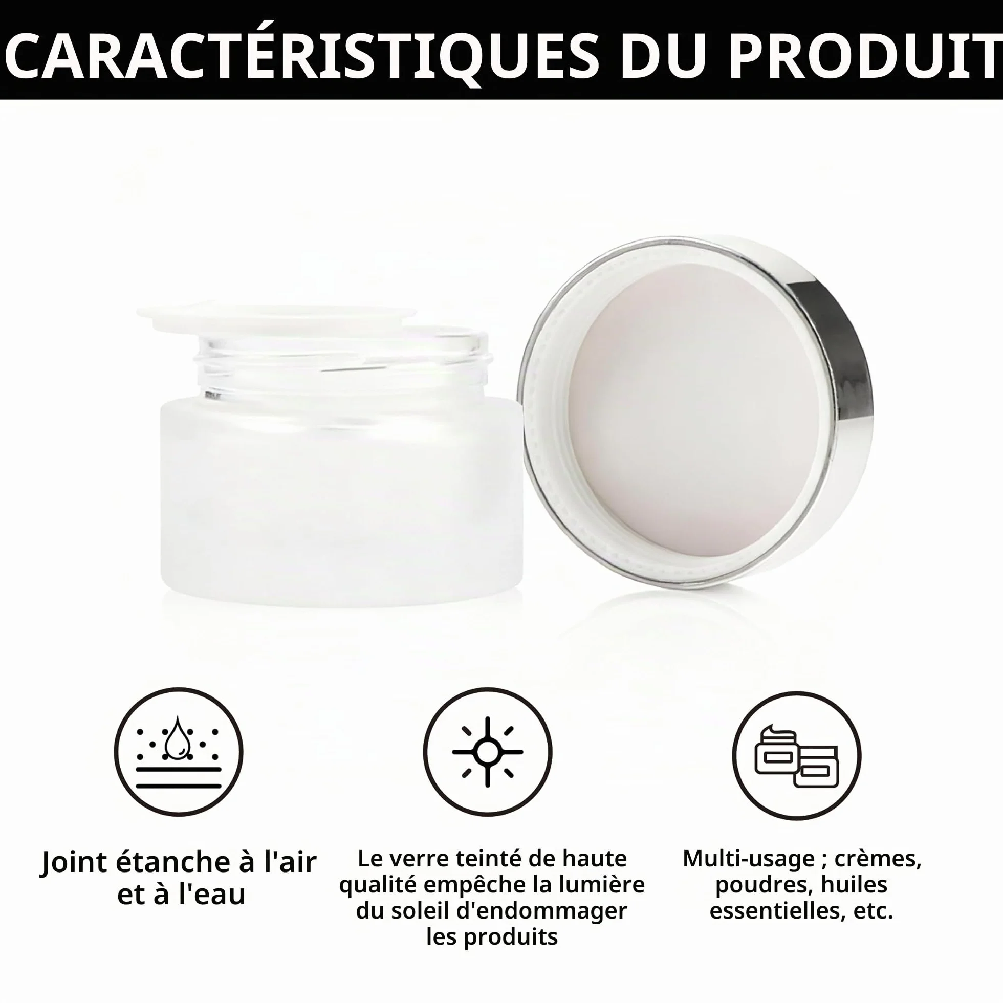 Pots Cosmétiques Vides 50ml Petit Pot Verre Dépoli Couvercle Argenté pour Crèmes Voyage DIY