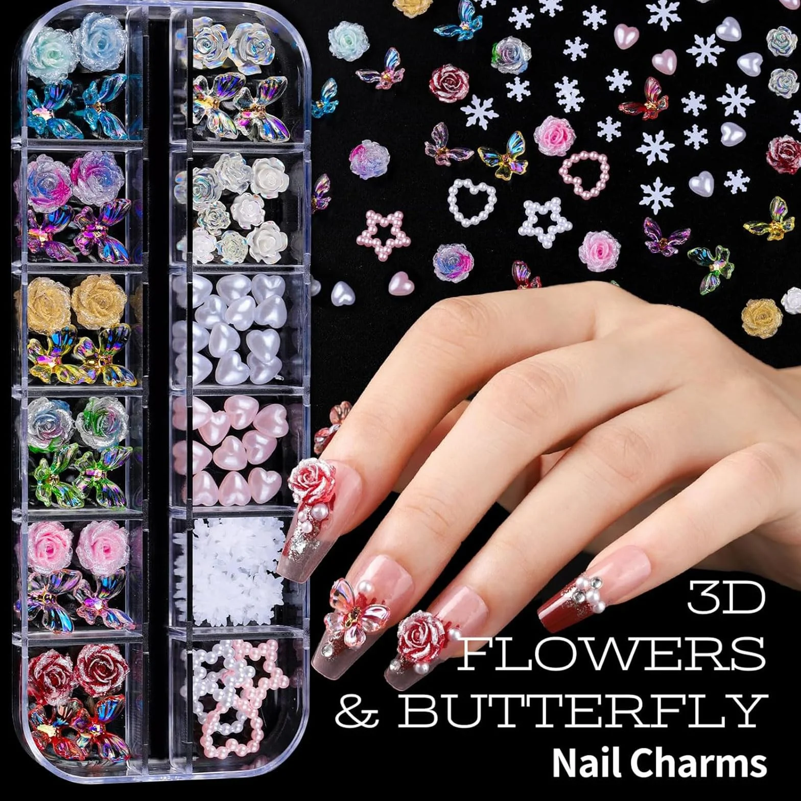 Kit Nail Art avec 5 Boîtes de Charms 3D Strass, 15 Pinceaux, 5 Outils de Pointage, 2 Supports de Vernis