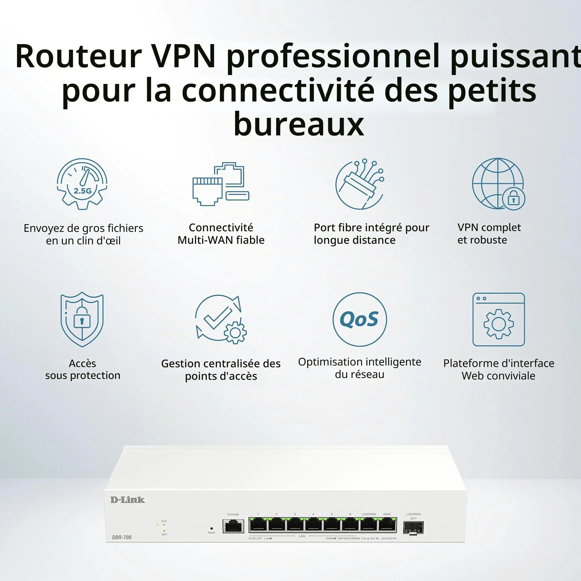 D-Link DBR-700 Routeur Professionnel – Dual WAN 2,5G, Équilibrage de Charge & Basculement, VPN (IPSec, WireGuard, OpenVPN), Pare-feu, Port SFP, Gestion Centralisée Jusqu’à 15 Points d’Accès