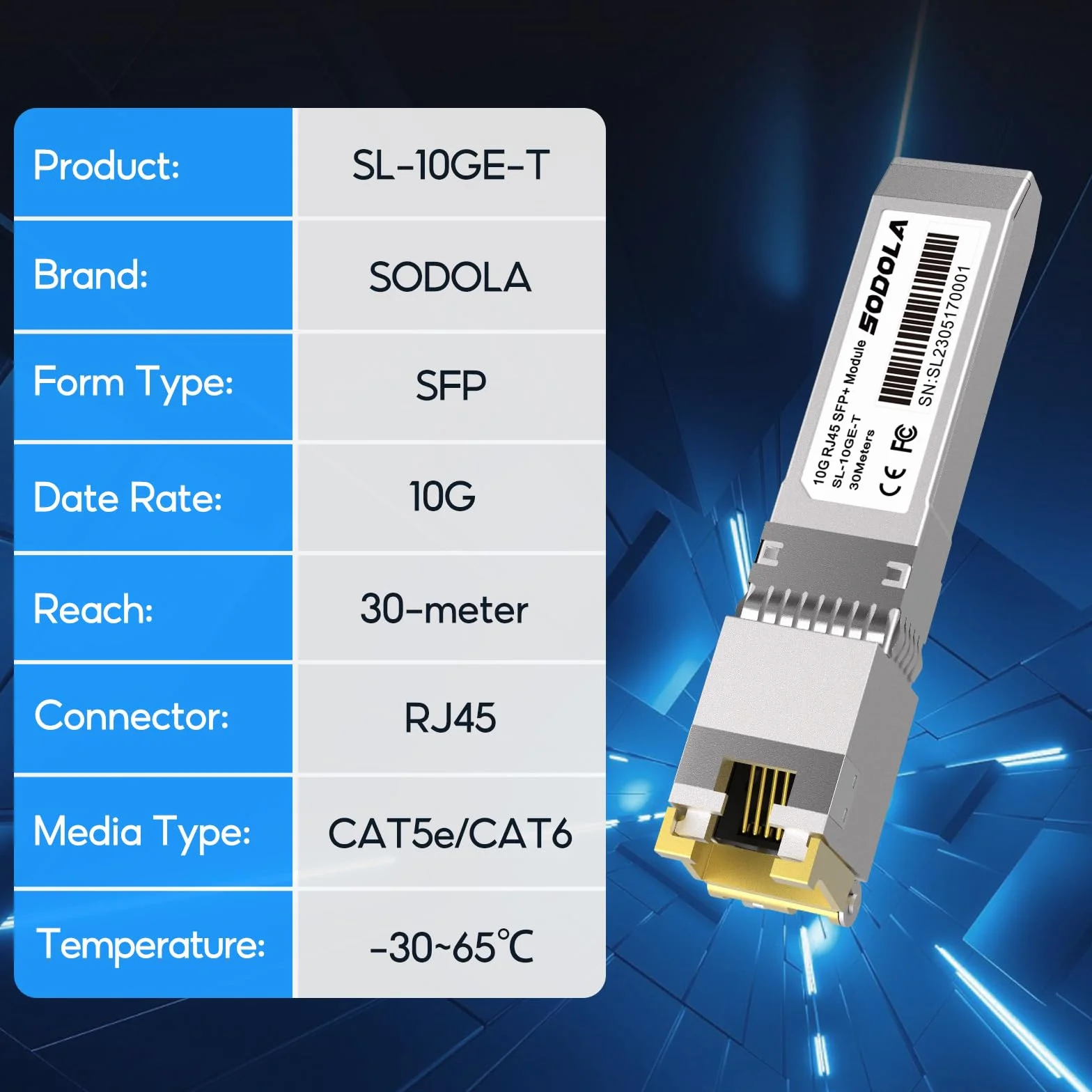 Sodola 10GBase-T Module SFP+ RJ45 SFP+ 10G SFP+ RJ-45 en cuivre pour SFP vers Ethernet, Plug and Play, Hot Pluggable, jusqu'à 30 m de distance de module SFP en cuivre (1 pièce)