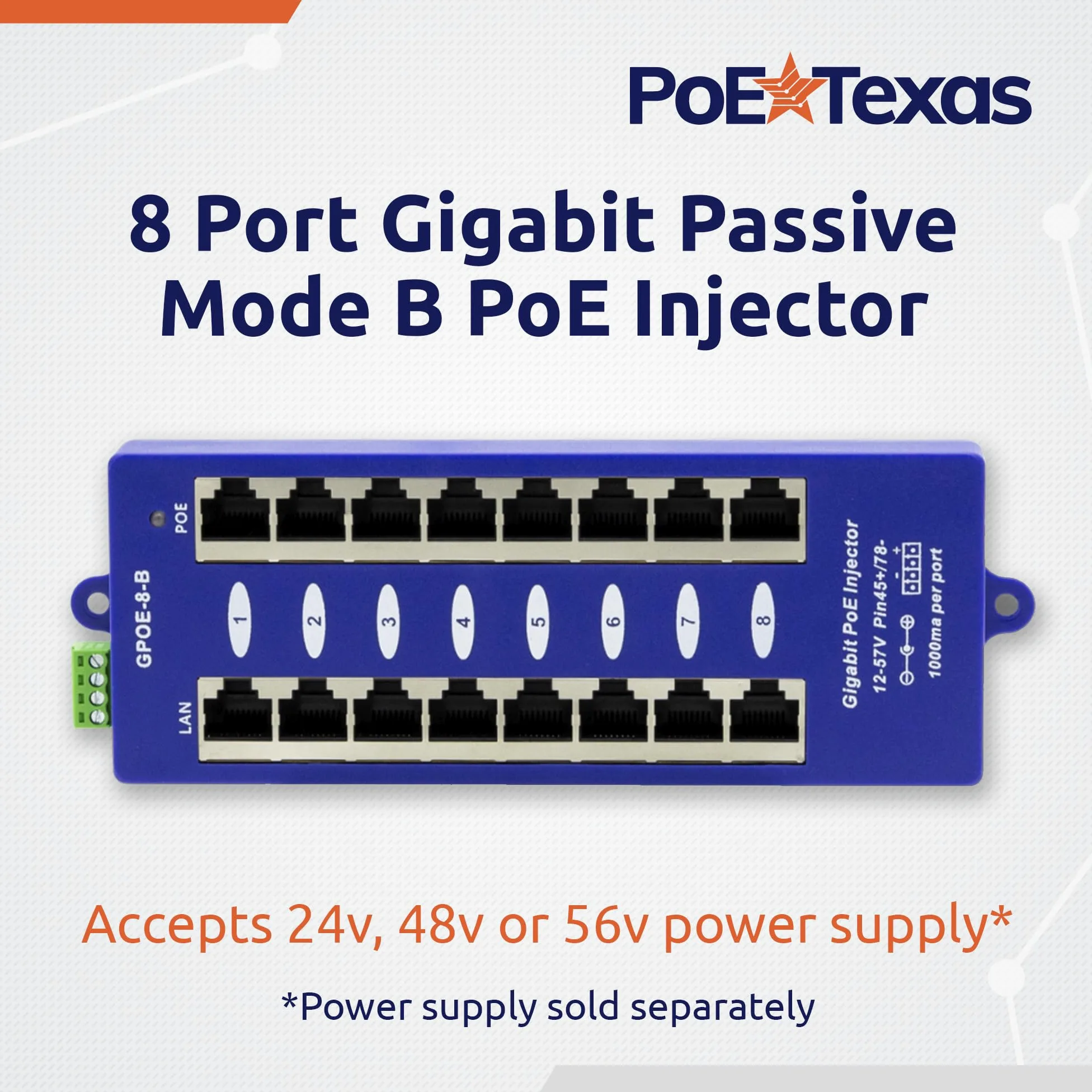 Wt-gpoe-8b Gigabit Injecteur PoE, 8 ports Gigabit PoE Injecteur pour 24 V Mikrotik et Ubiquiti appareils – Bloc d'alimentation non inclus