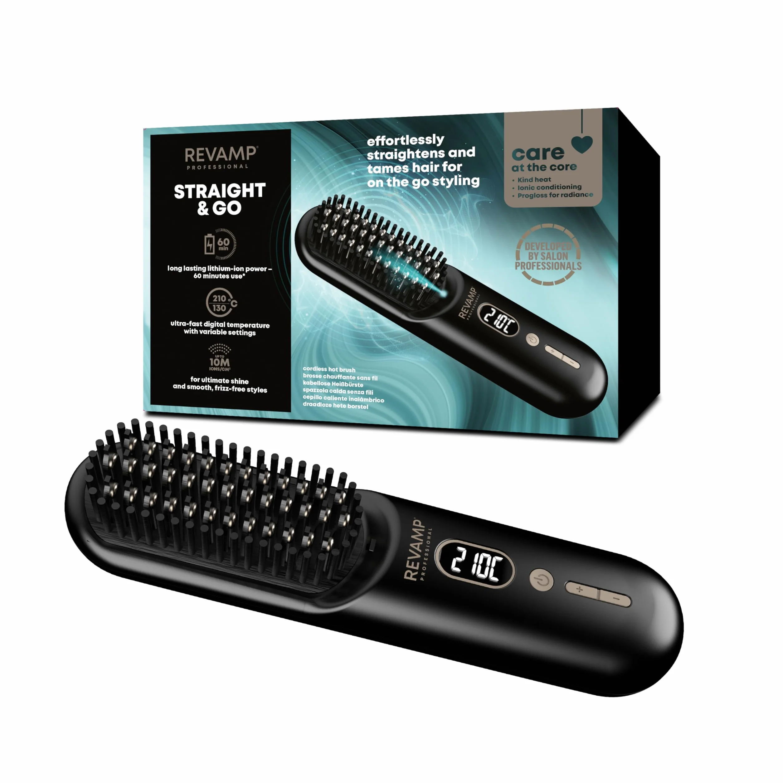 REVAMP Straight & Go Brosse Lissante Sans Fil – Mini Lisseur Ionique avec Dents en Céramique, Recharge USB-C, 60 min d'Autonomie
