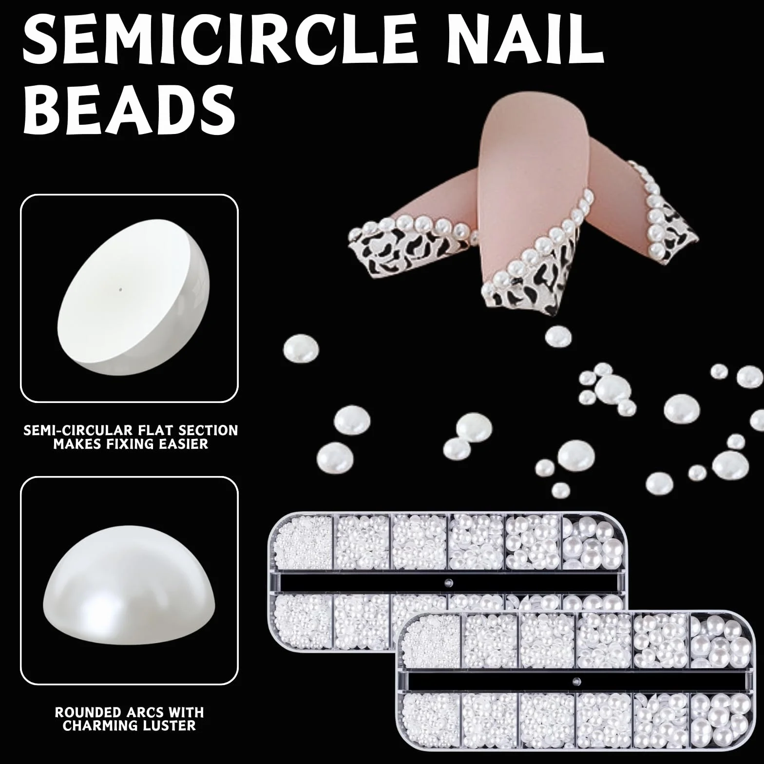 Perles Nail Art 12 Tailles, Perles Plates Demi-Rondes 2 Boîtes, Deco Ongle DIY