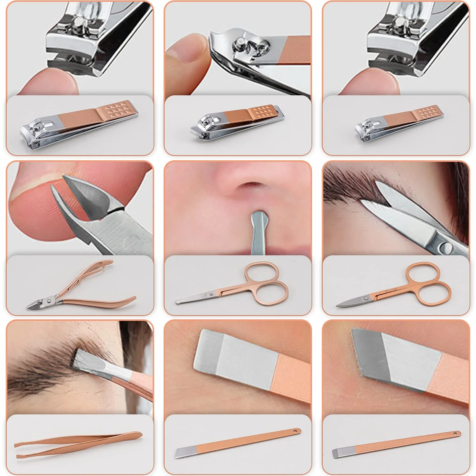 Kit de Manucure Pedicure 18 pièces, Acier Inox, Or Rose