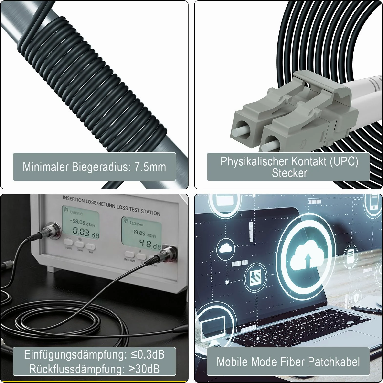 OM3 Câble à fibre optique blindé LC/UPC vers LC/UPC 100 m | 100 m, duplex multimode, 50/125 μm, 10 Go/40 Go, LSZH, diamètre extérieur : 3 mm, gris