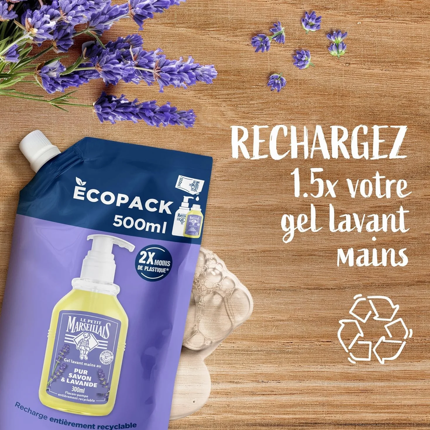 Le Petit Marseillais Recharge Gel Lavant Mains Pur Savon & Lavande 500 ml Savon Liquide pour Flacon-Pompe