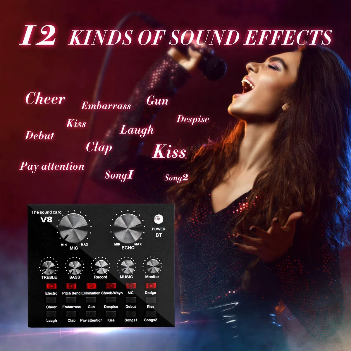 Carte Son, Carte Son multifonctionnelle en Direct, Ensemble de Microphones pour Carte Son, Ensemble de Microphones en métal pour Diffusion, Support réglable, 12 Effets sonores de Fond