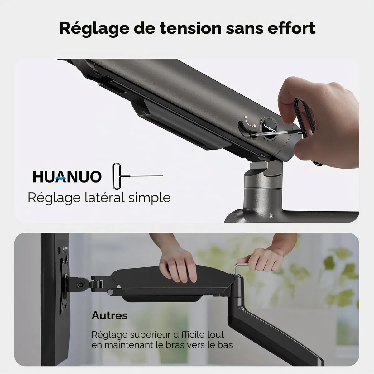 HUANUO Bras Écran PC 2 Écran Ultra-Large 13 à 49 Pouces à 18 kg, Support Double Écran PC Bureau Extra Haut e, Support Écran PC 2 Écran Empilé Verticalement et Réglable, VESA Max 100 x 100mm