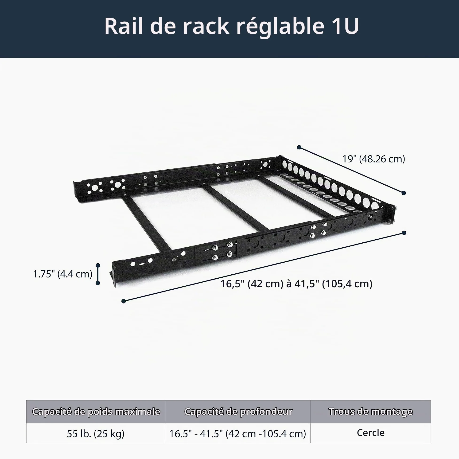 StarTech Rails Universels 1U 19", Profondeur Réglable, 25kg (UNIRAILS1U) | Rails de montage serveur, Baie informatique, Rack d'équipement, EIA-310, Acier