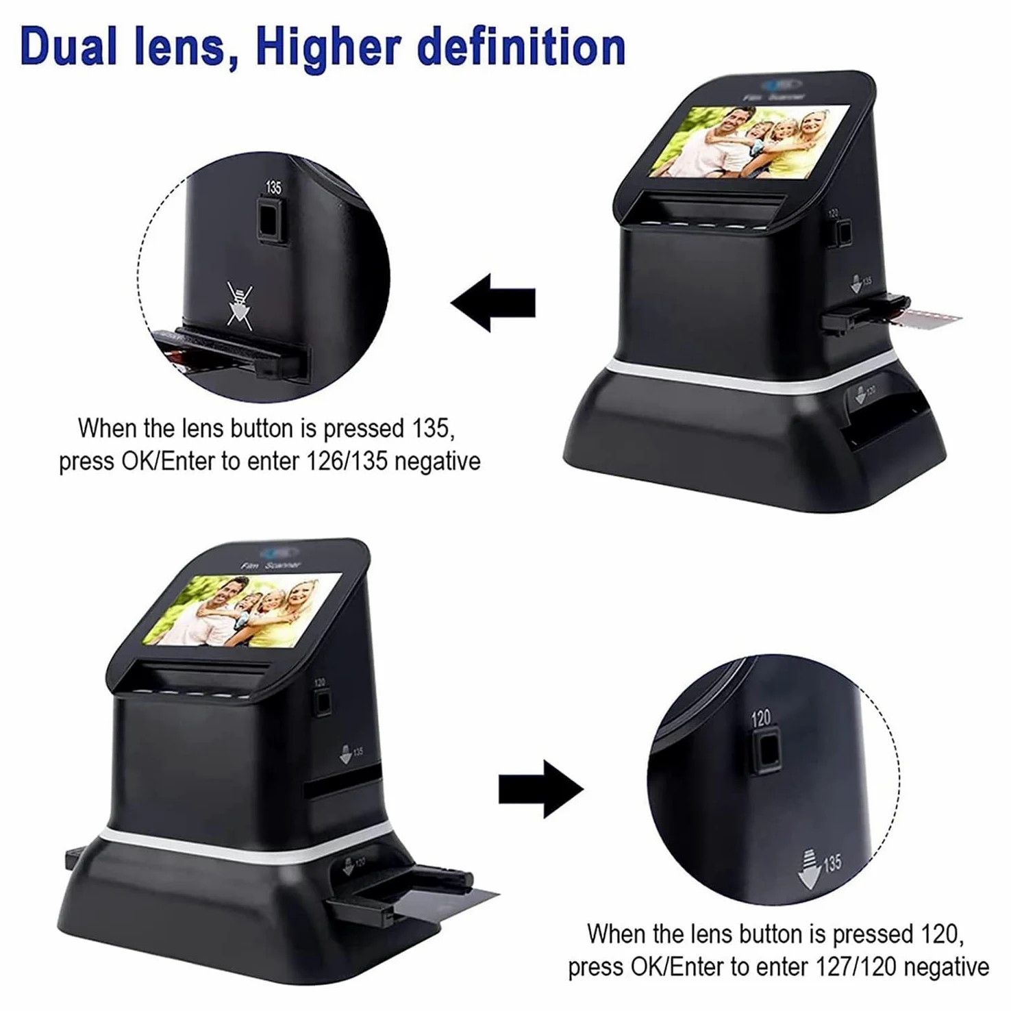 Scanner de film et de diapositive, écran LCD de 4,3", 22 MP, prend en charge les films 35 mm, 135, 127, 126, couleur, noir et blanc, négatif, positif