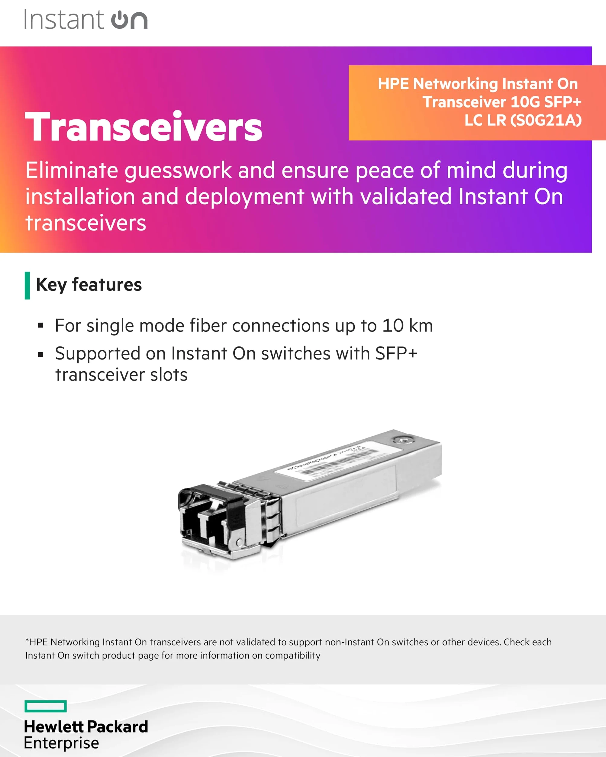 HPE Networking Instant On 10G LR SFP+ LC 10km SMF Transceiver (NW ION 10G LR SFP+ LC 10KM - SMF XCVR)