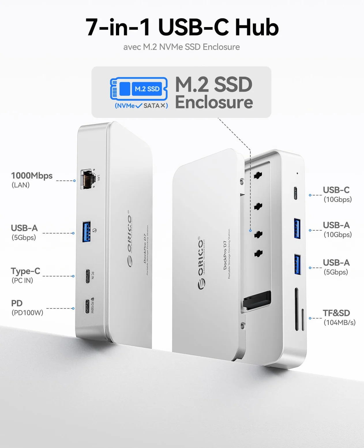 ORICO Hub USB C 7 en 1 avec boîtier SSD M.2 NVMe de 8 to, Station d'accueil avec Ports USB-C et USB-A 10 Gbit/s, 2 Ports USB-A 5 Gbit/s, 3.0 SD/TF, 100 W PD, Gigabit Ethernet, Station d'accueil