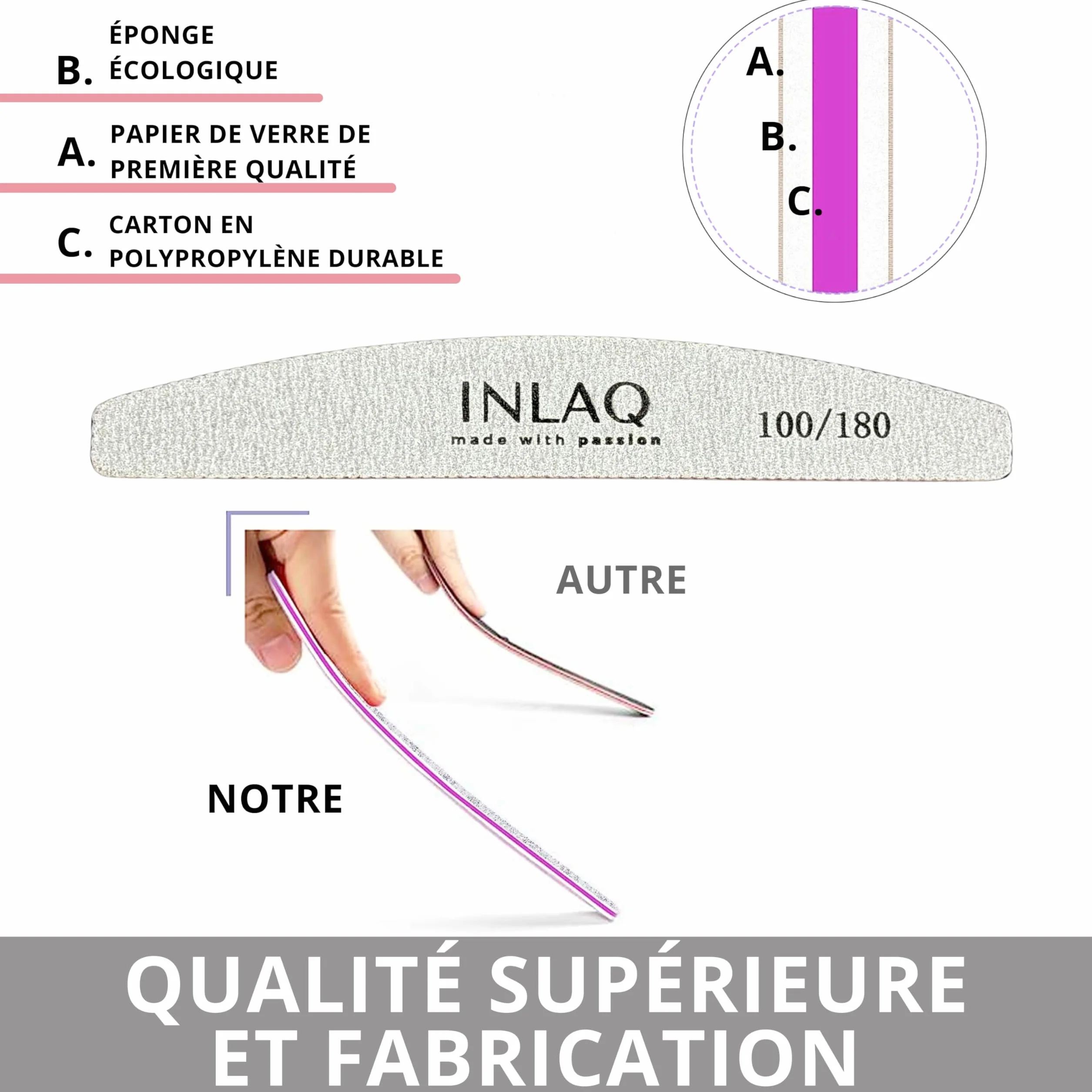INLAQ Lime à Ongles 100/180 - Professionnelle en demi-lune Durable Résistante à l'abrasion - Set de Limes à Ongles Jetable - 25 pièces