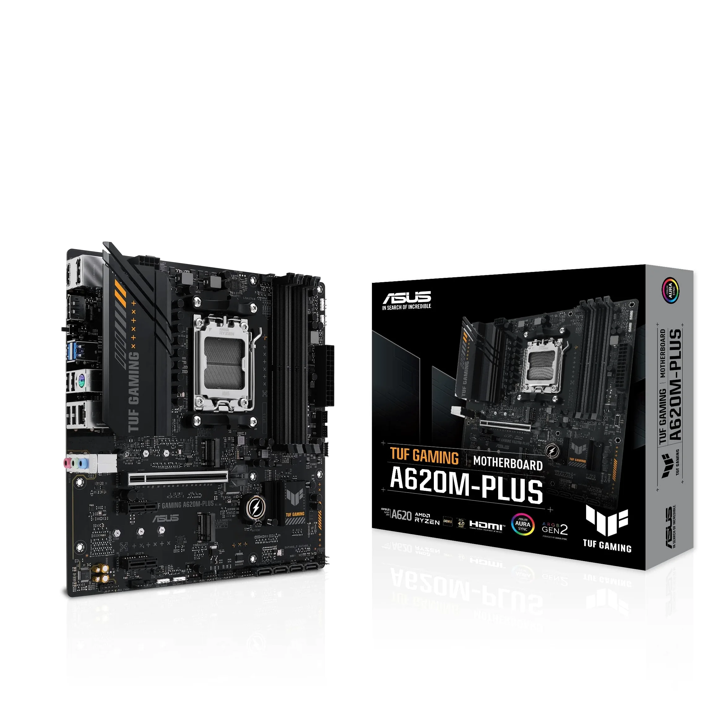 ASUS TUF GAMING A620M-PLUS – Carte mère AMD AM5 A620 microATX (DDR5, PCIe 4.0, 2 x M.2, Realtek 2.5Gb Ethernet, 2 x DisplayPort, HDMI, USB 3.2 Gen 1, SATA 6 Gbps, M.2 Q-Latch, Arua Sync RGB)