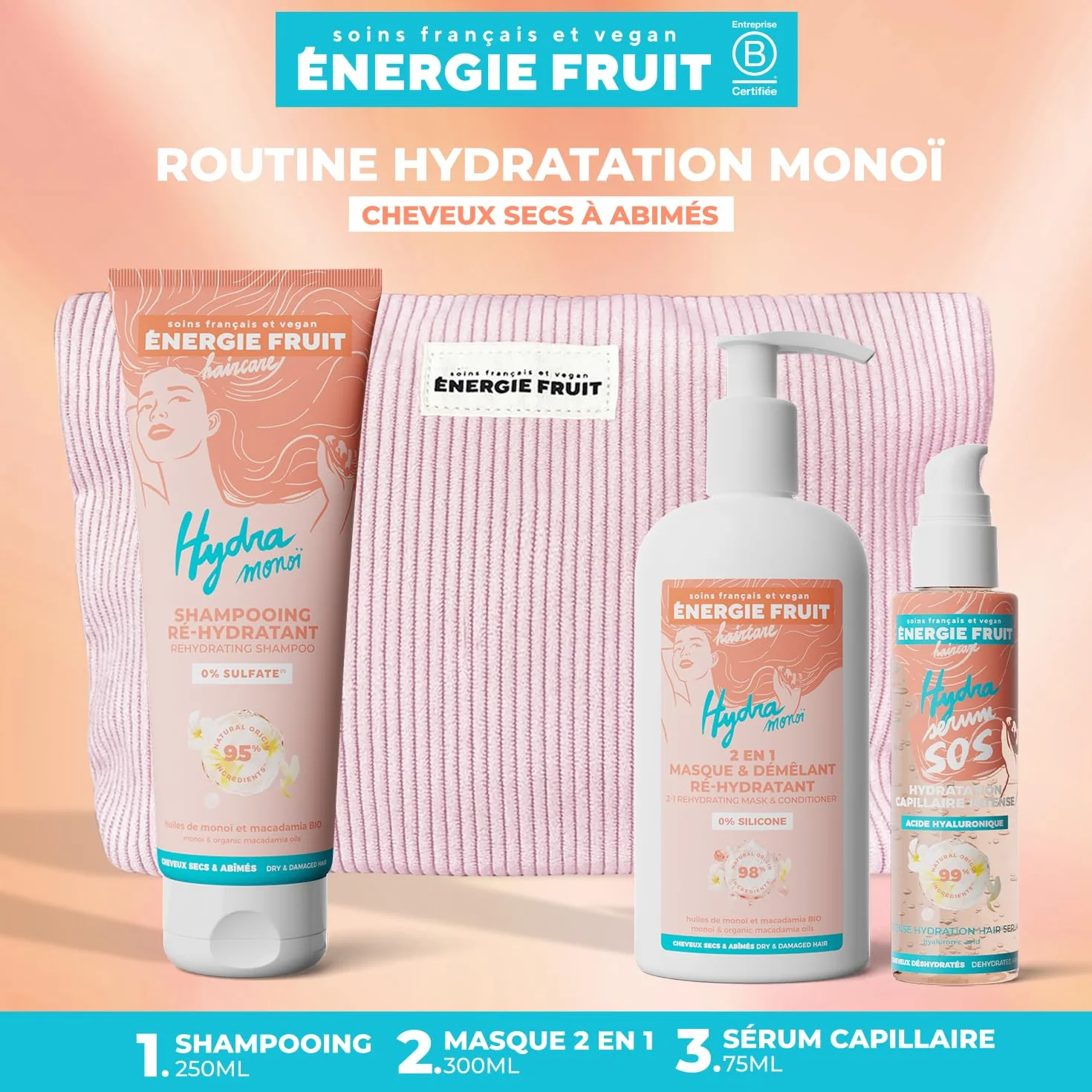 ENERGIE FRUIT Coffret cadeaux routine capillaire cheveux secs abîmés Monoi acide hyaluronique Trio shampooing réhydratant masque hydratant sérum protecteur Trousse offerte