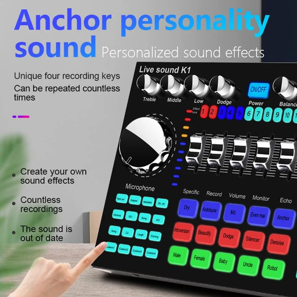 K1 Live Sound Card Portable Bluetooth Sound Card Profession RéGlable Volume Audio pour L'Enregistrement de Musique