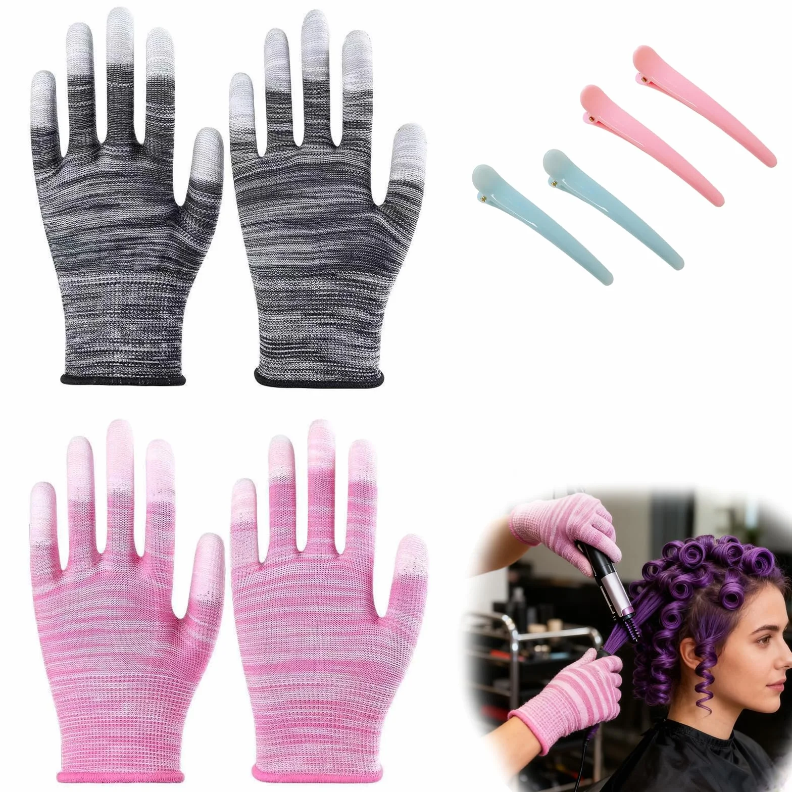 Gants Thermiques Résistants à la Chaleur avec Doigts en Silicone, Protection Coiffure Anti-Chaleur Fer à Boucler Lisseur Bigoudis 4 Barrettes