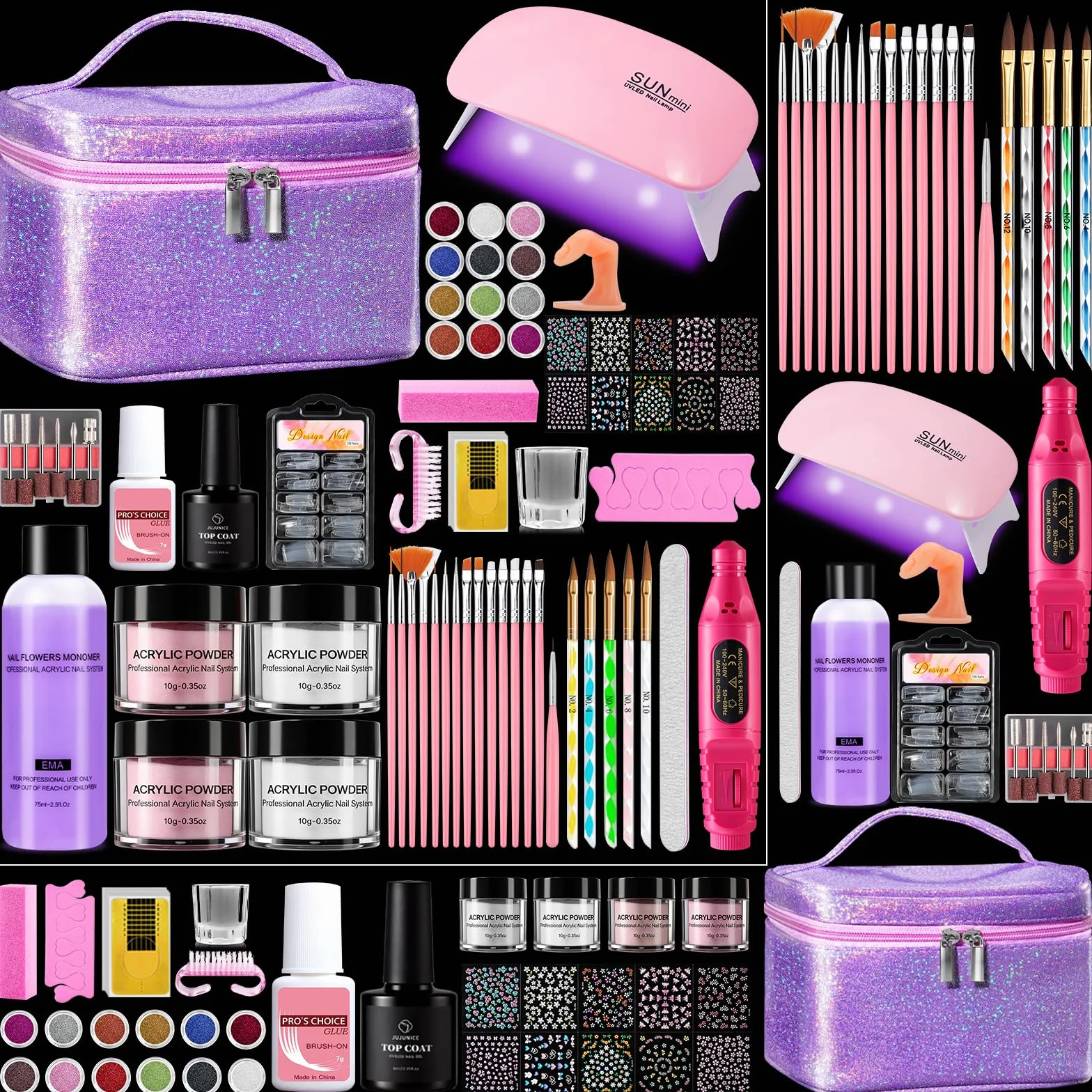 Kit de démarrage acrylique pour ongles 4 couleurs avec lampe et ponceuse
