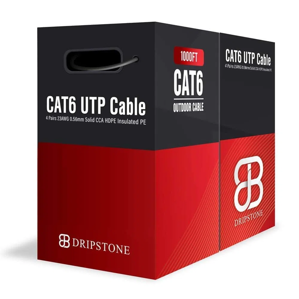 DRIPSTONE CAT6 Direct Burial Ethernet Cable 23AWG Solid CCA UTP, Waterproof HDPE Insulated, Polyethylene (PE) Jacket for Indoor/Outdoor Installations (Black - 1000ft)