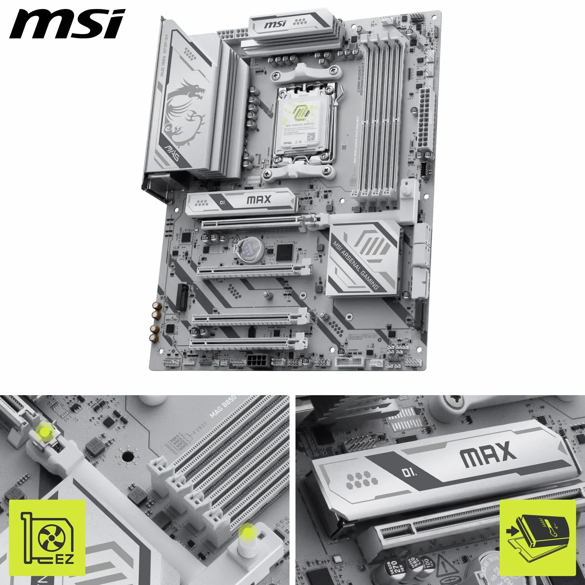 MSI MAG B850 Gaming Plus Max WiFi Carte mère ATX - pour processeurs AMD Ryzen 9000/8000 / 7000, AM5 - DDR5 Memory Boost (OC jusqu'à 8200+ MT/s), PCIe 5.0 x16, M.2 Gen5, Wi-FI 7, 5G LAN