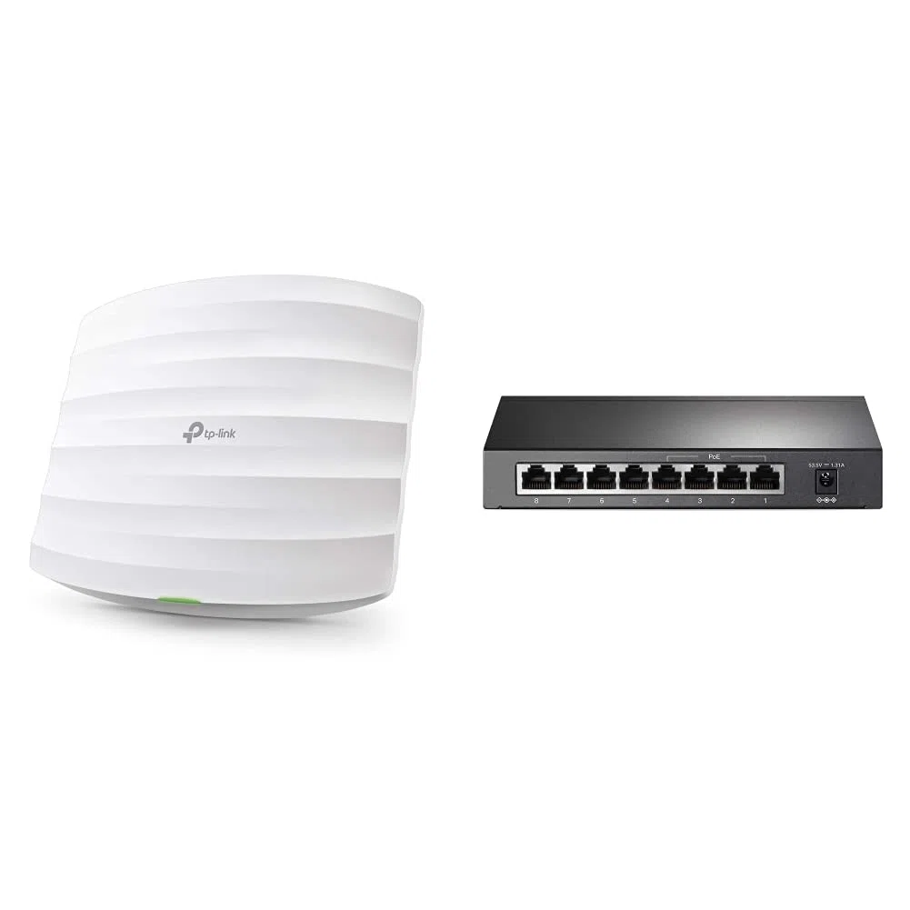 TP-Link Omada EAP225 Point d'accès WiFi 5 AC1350 planfonier, 2 Ports Ethernet Gigabit Support PoE+, Itinérance Transparente, Omada Mesh & PoE Switch 8-Port Gigabit, 4 PoE+ Ports up to 30 W