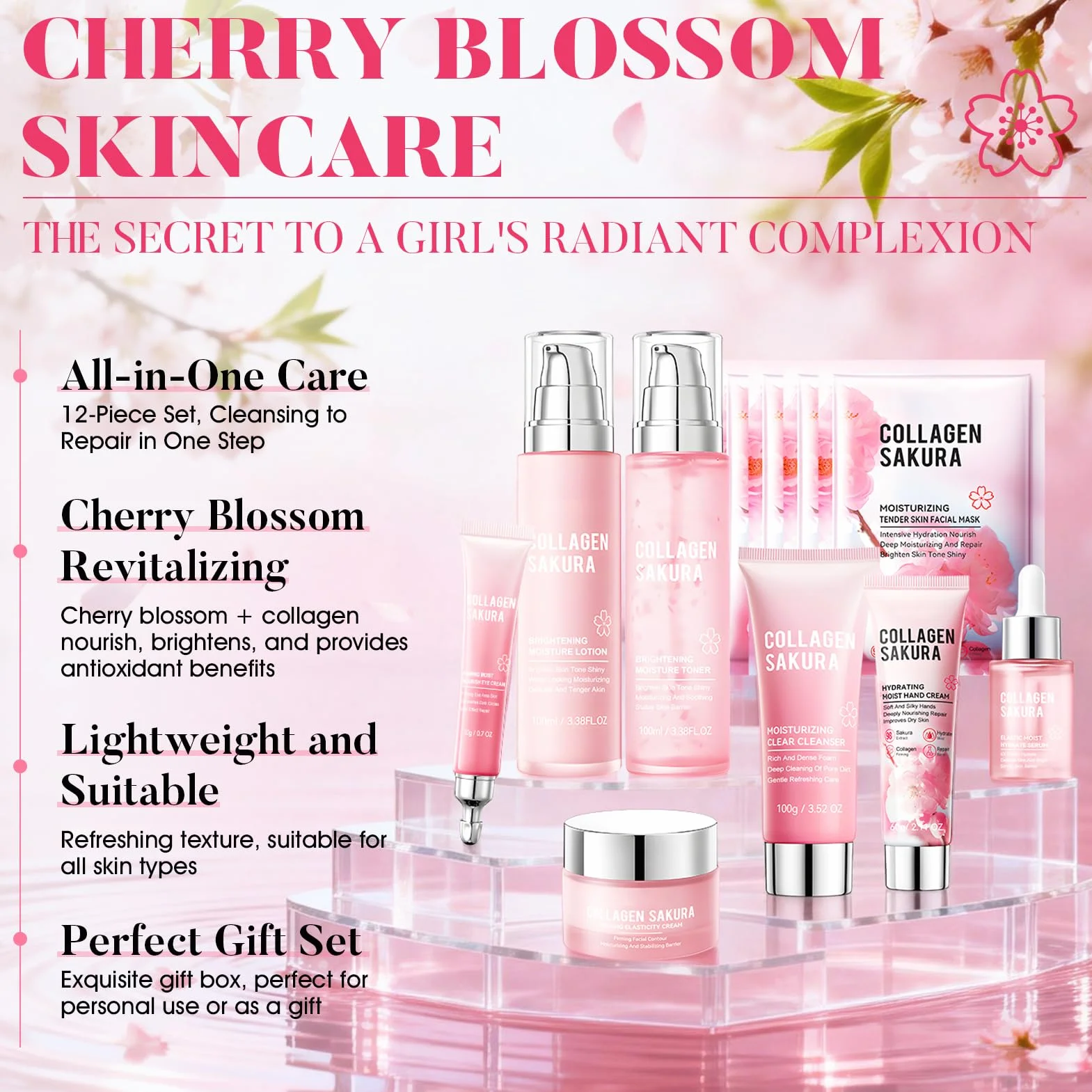 Sakura Coffret de Soins pour la Peau 12 Pièces Crème Visage Sérum Masque