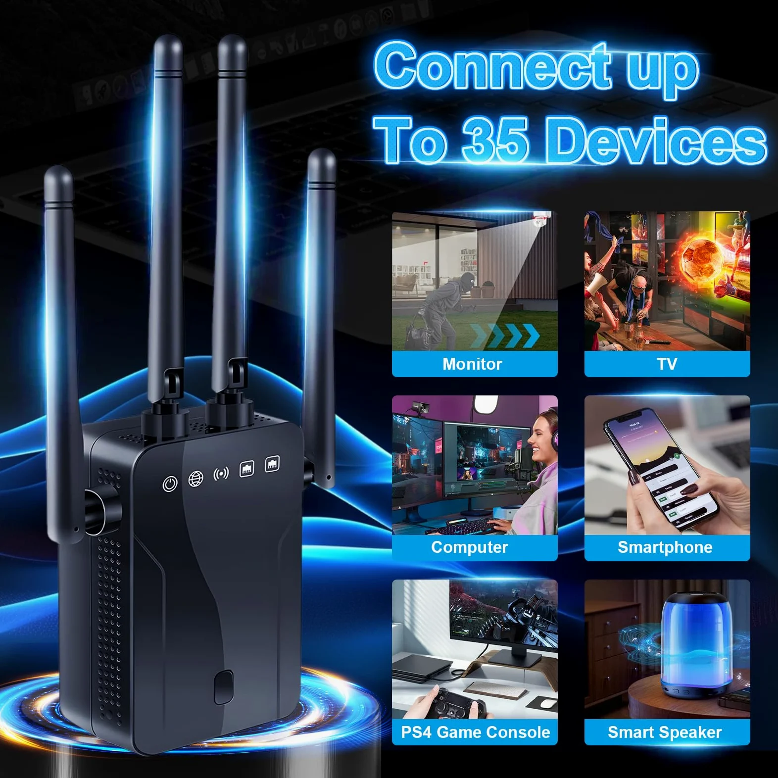 Amplificateur de signal WiFi pour la maison – Extension de portée WiFi 300 Mbit/s avec 4 antennes, couvre jusqu'à 600 m² et 35 appareils, amplificateur WiFi avec mode AP/répéteur, amplificateur