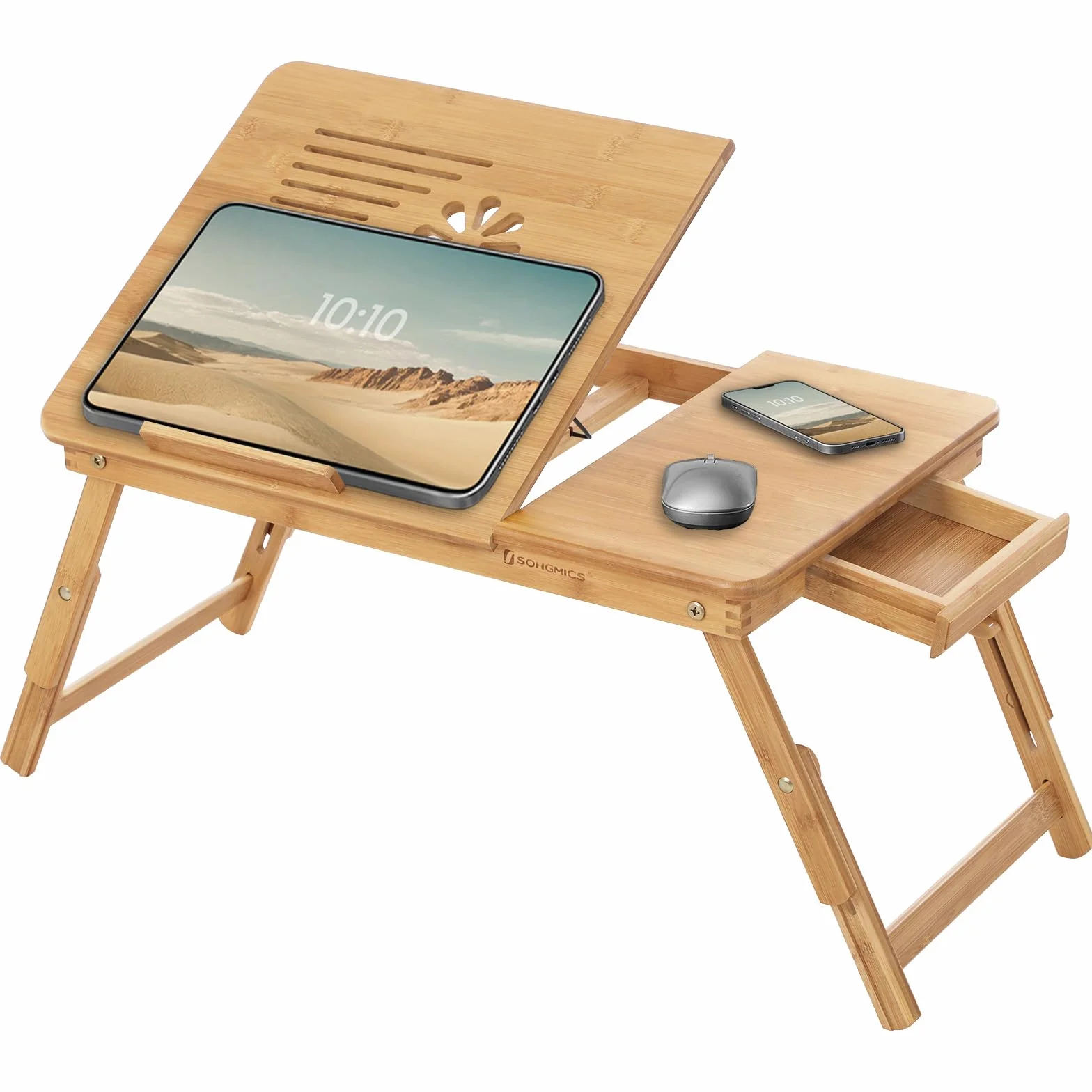 SONGMICS Table de lit pliable en bambou pour PC portable 55 x 35 x 29 cm