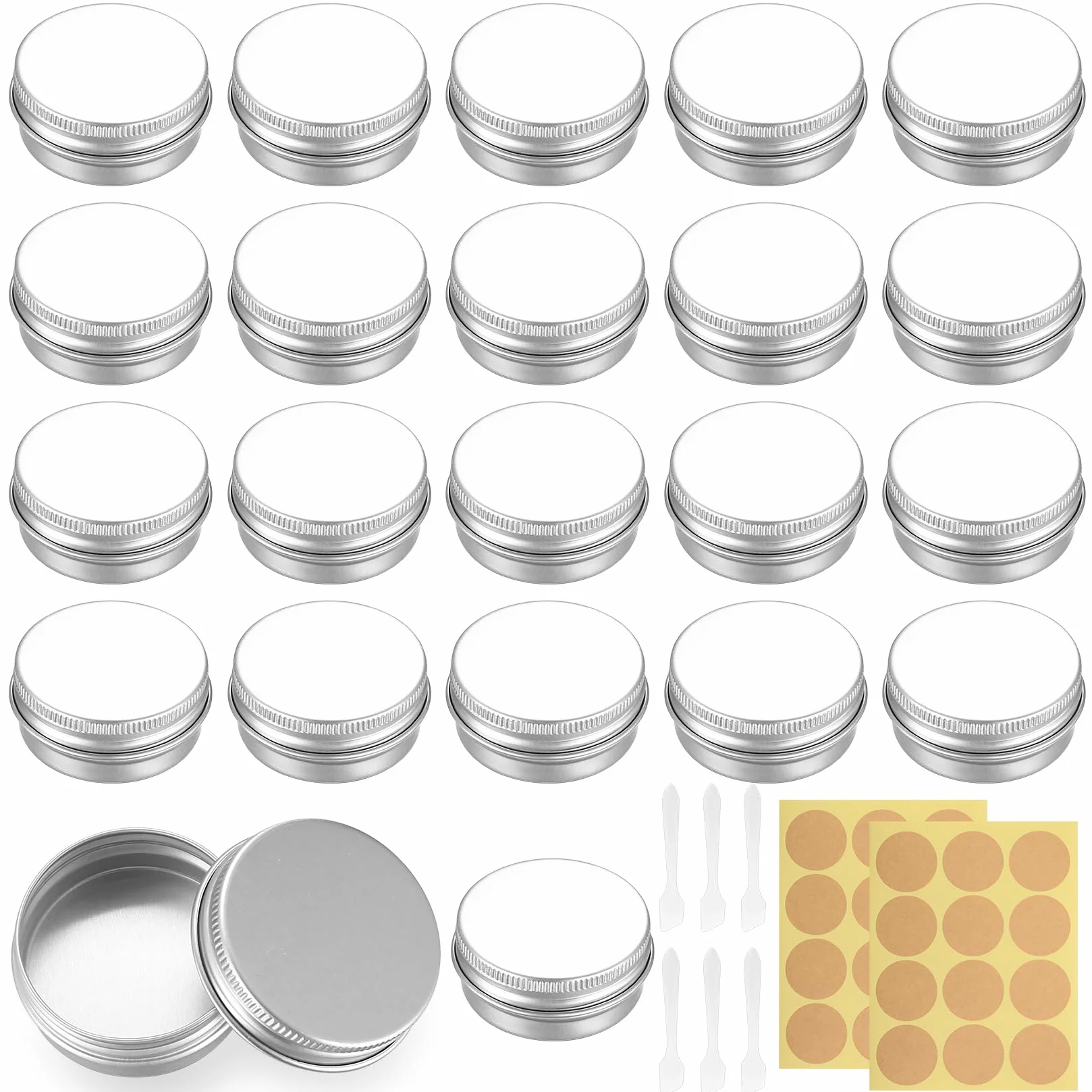 Pots en Aluminium 15ml Vide avec Étiquettes et Grattoirs - Boîte Métallique Ronde pour Cosmétiques