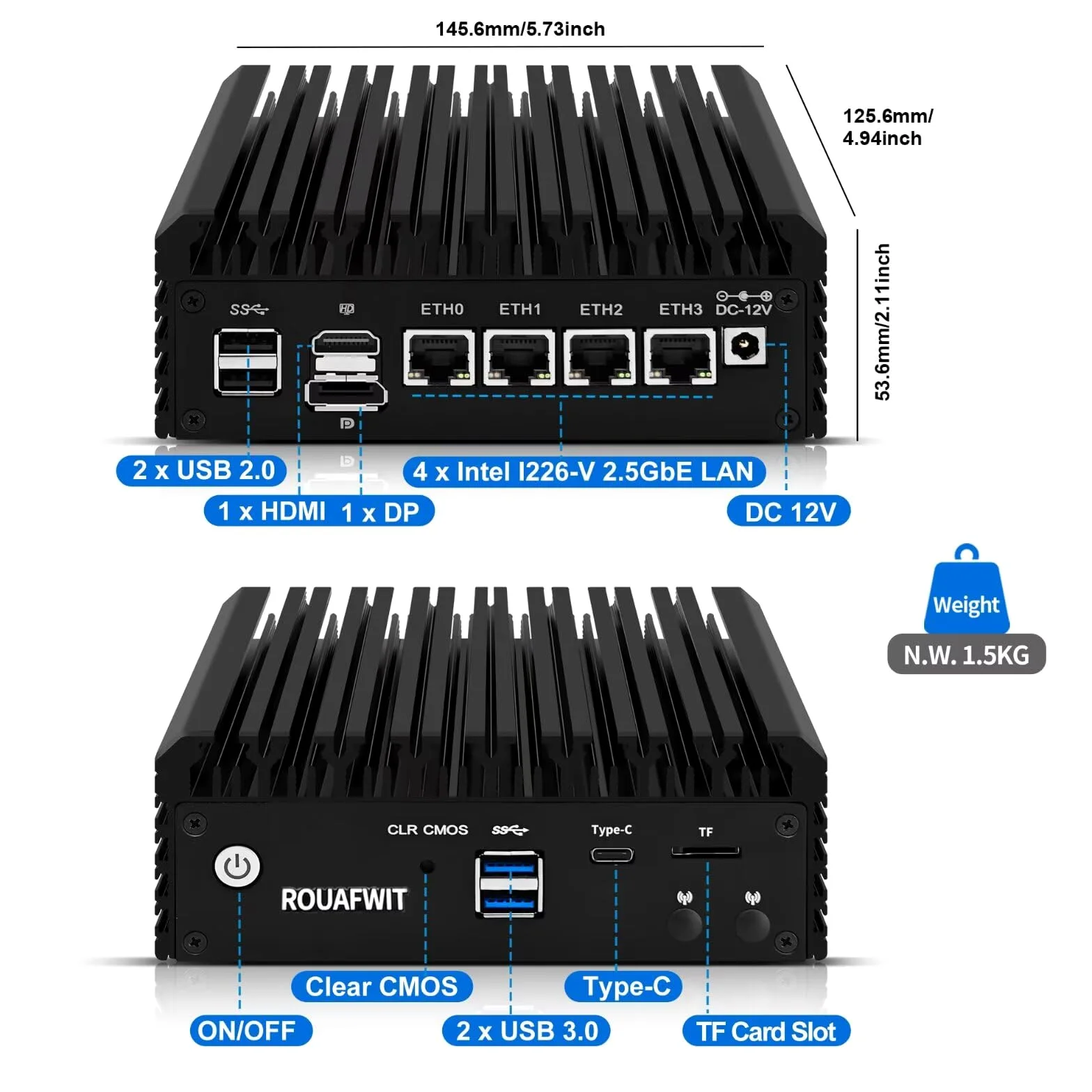 Fanless Firewall Mini PC N6005,4C/4T,4X 2.5 GBe LAN/4USB/HD/DP/Tpye C/TF, OPNsense/AES-NI Router Netzwerk Security,DDR4 8G RAM 128G SSD Barebone,Dual Display