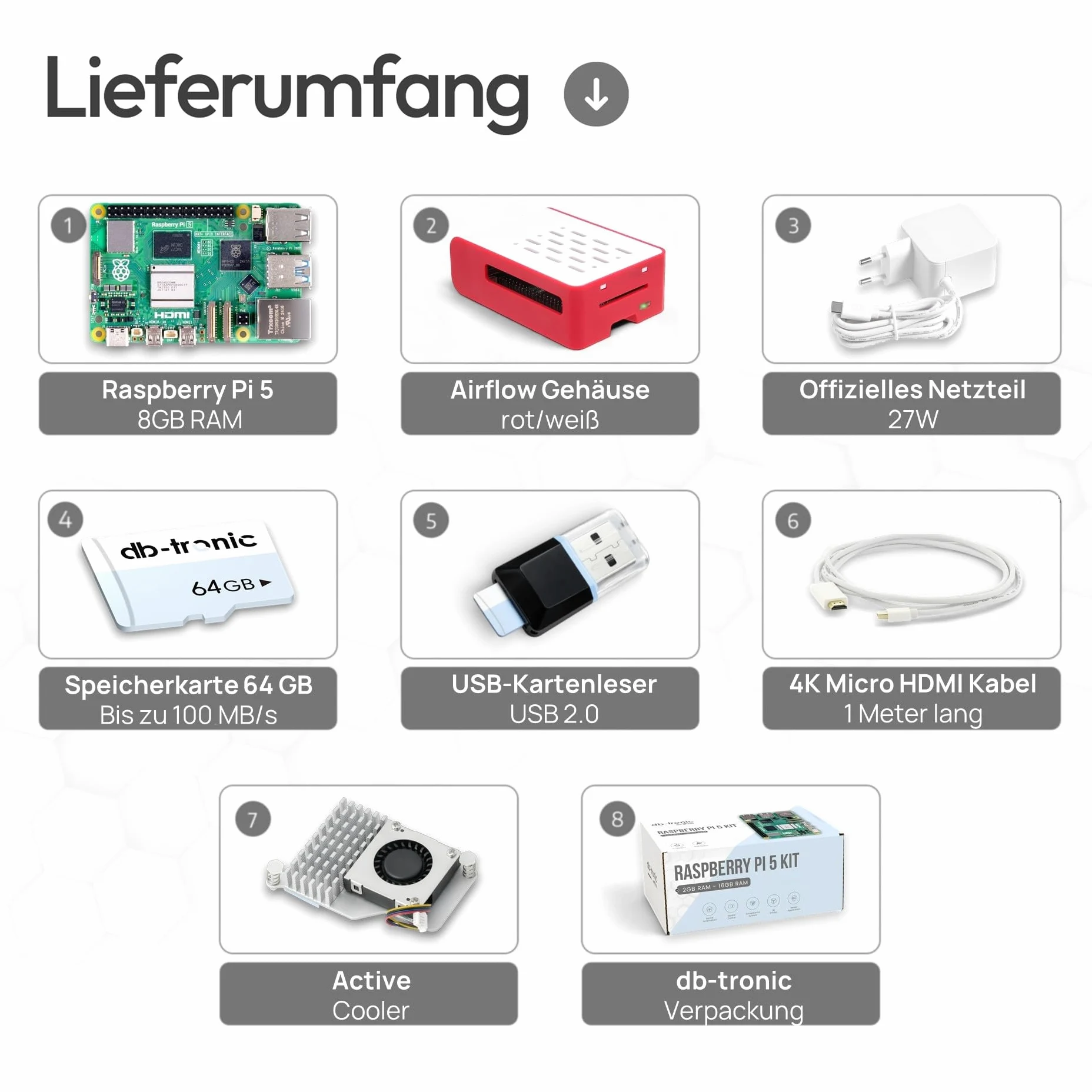 db-tronic Starter Kit pour Raspberry Pi 5 8 Go | Édition 64 Go | Alimentation 27 W | Boîtier Airflow | Refroidissement Actif | Micro HDMI 4K | idéal pour Home Assistant et Le Smart Home