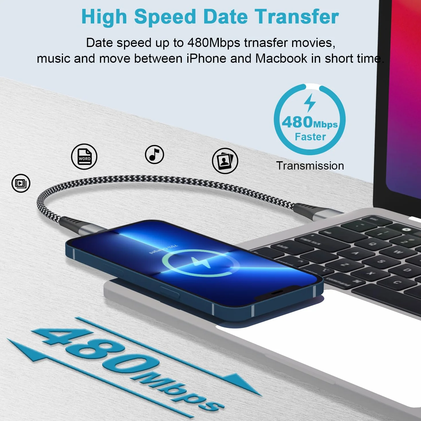 Câble iPhone Court MFi 30cm 2Pack, Câble Lightning USB Charge Rapide Nylon pour iPhone 14/13/12/11/XS MAX/XR/8/7/6/SE