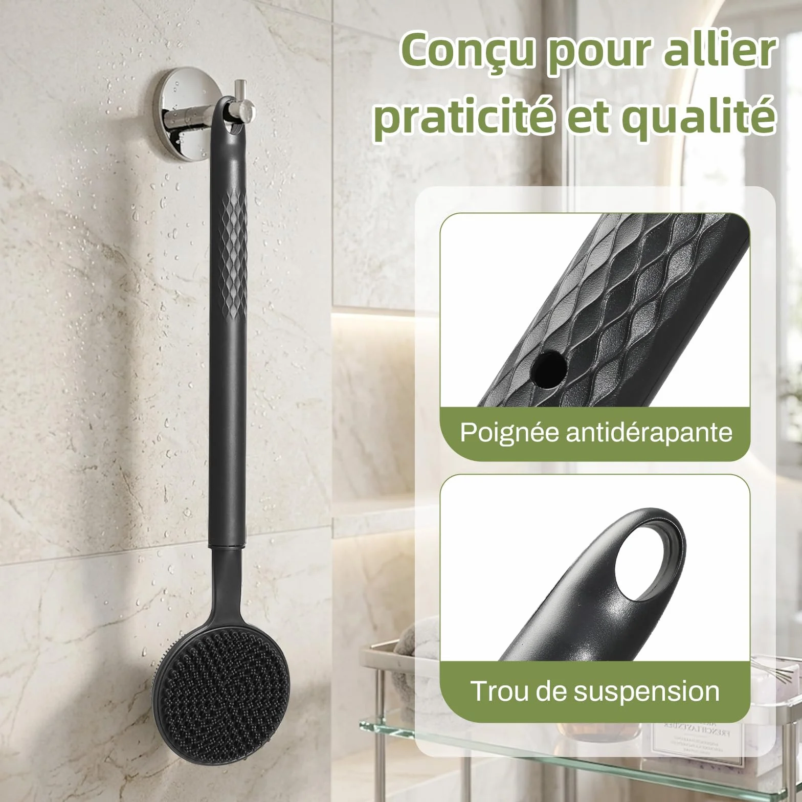 Brosse de dos télescopique 58,5 cm manche long double face gommage massage douche