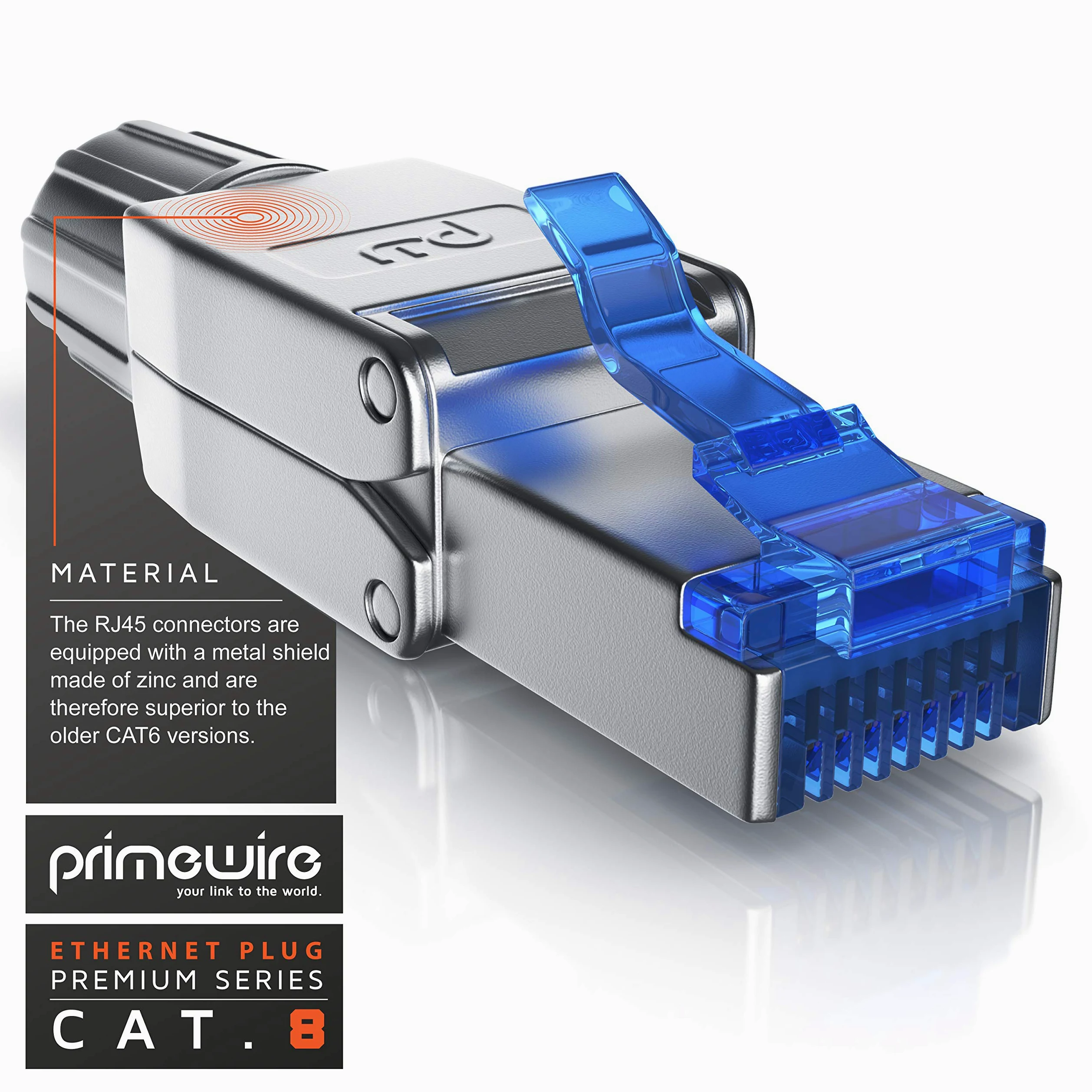Primewire - 10x connecteurs de sertissage sans Outils RJ45 Cat 6 Cat 7 Cat 8 - connecteur modulaire rj45 - fiche rj45 sans Outil - blindé en Zinc - LAN 40 GBit/s 20000 MHz - TIA-568A, B - 23, 26 AWG