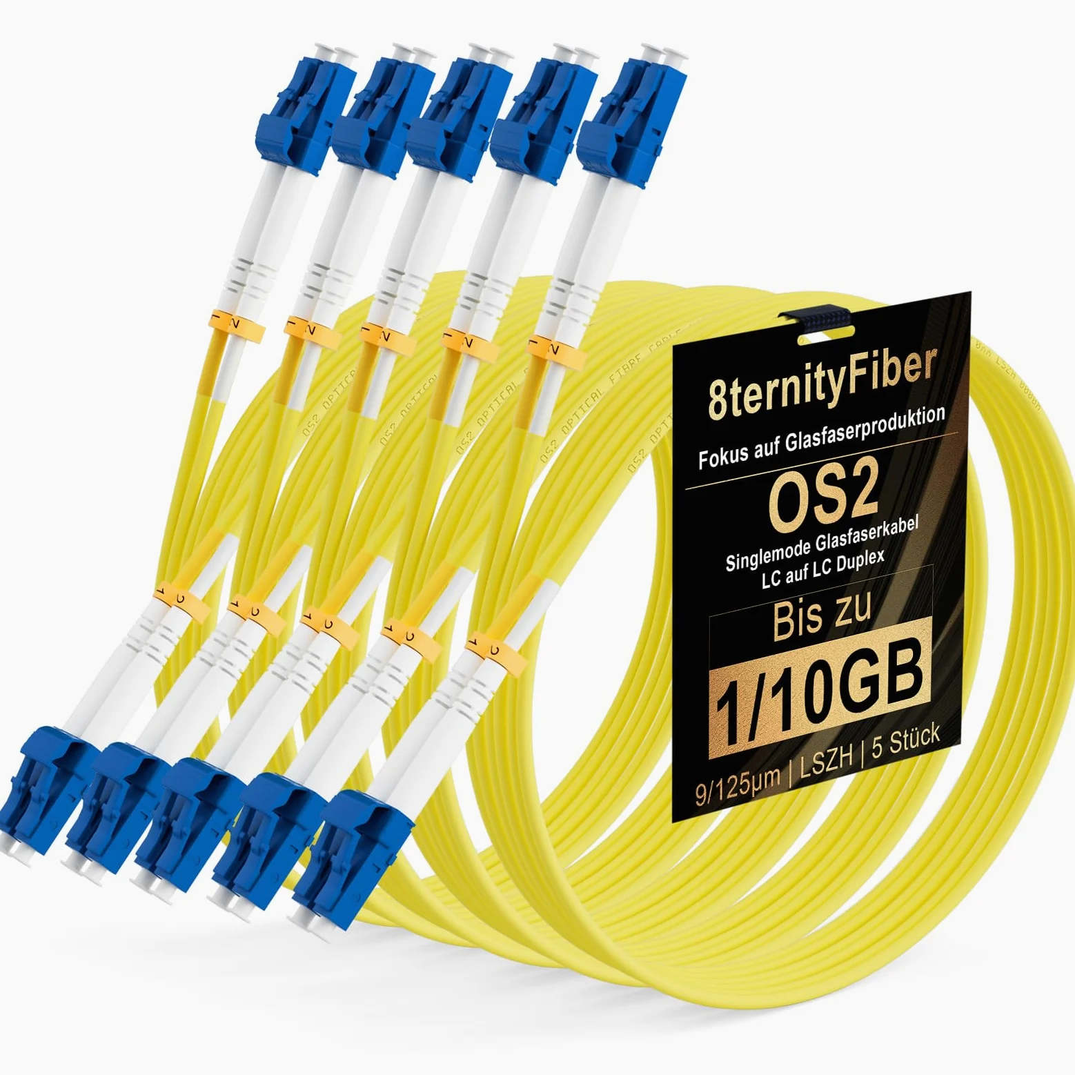 OS2 Lot de 5 câbles à fibre optique monomode LC LC 2 m | 2,1 m, duplex, 9/125 μm, 1 Go/10 Go, LSZH, diamètre extérieur : 2 mm, jaune