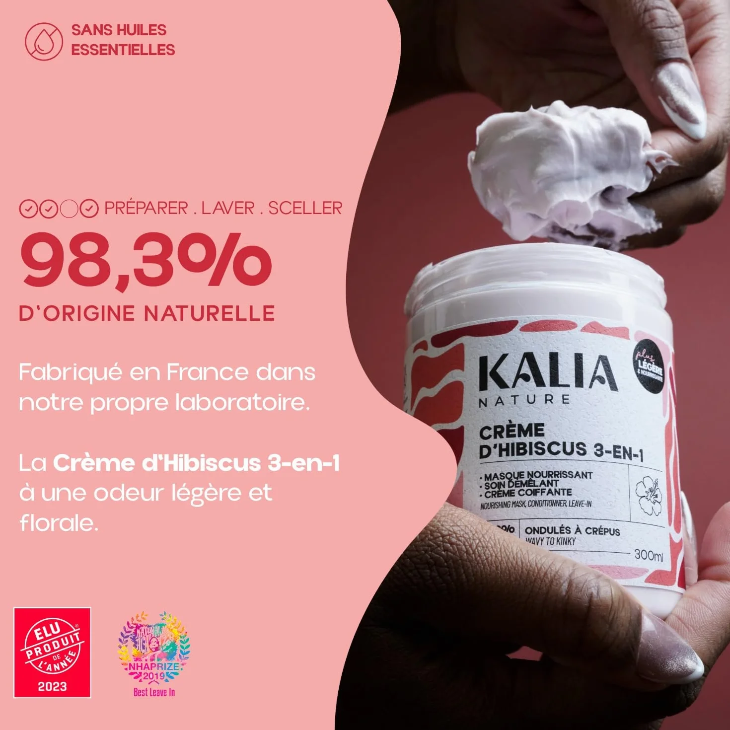 Kalia Nature Crème d’Hibiscus 300 ml Crème cheveux bouclés 3-en-1 Leave in Soin capillaire naturel