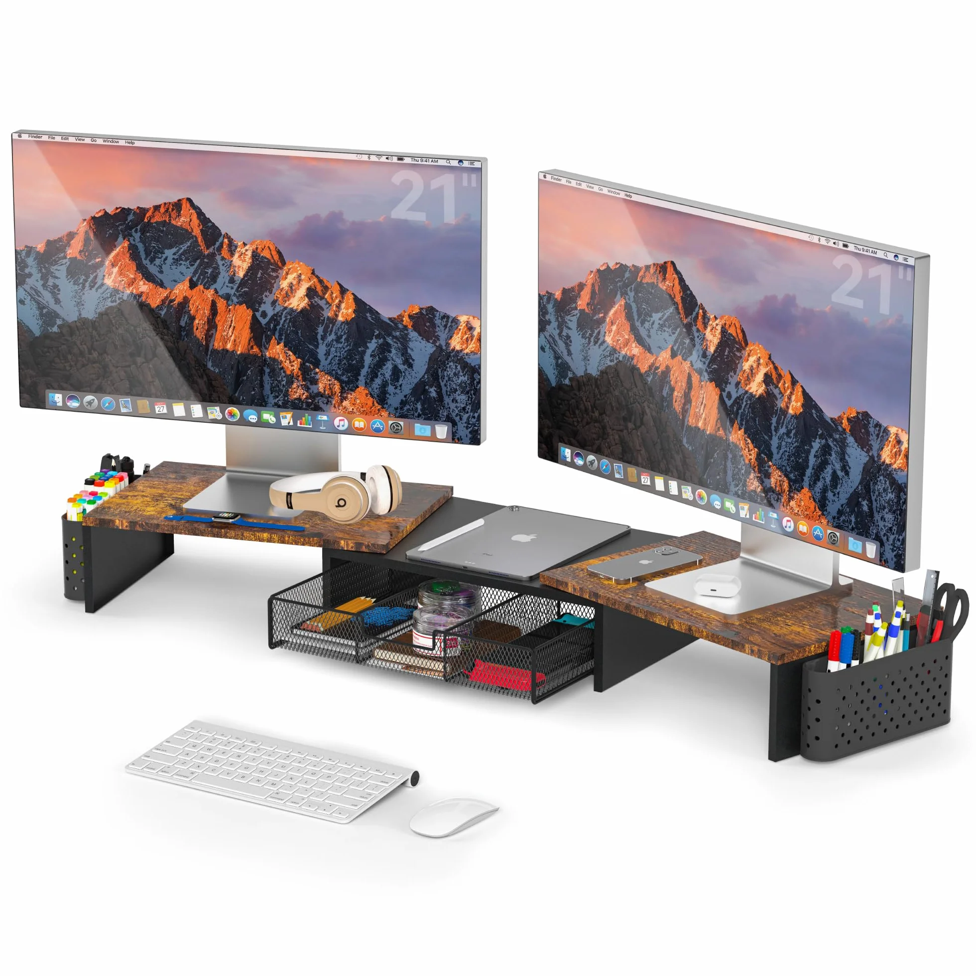 MOWETOO Support Double Moniteur Réglable en Bois avec Tiroir et Porte-Stylos, Rangement Multifonction