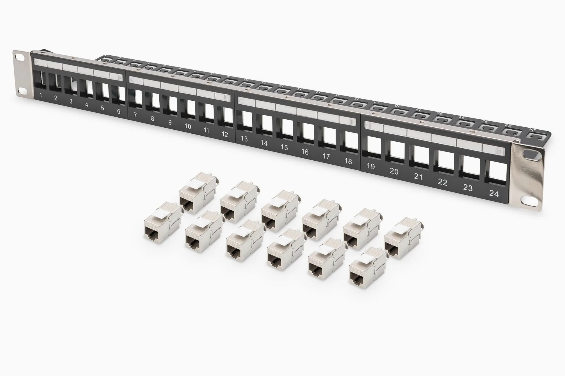 DIGITUS Set: Panneau de Brassage - Modulaire - 19 Pouces - 24 Ports - Blindé - Montage en Rack 1U - Noir - avec 12x Module Keystone Cat6A