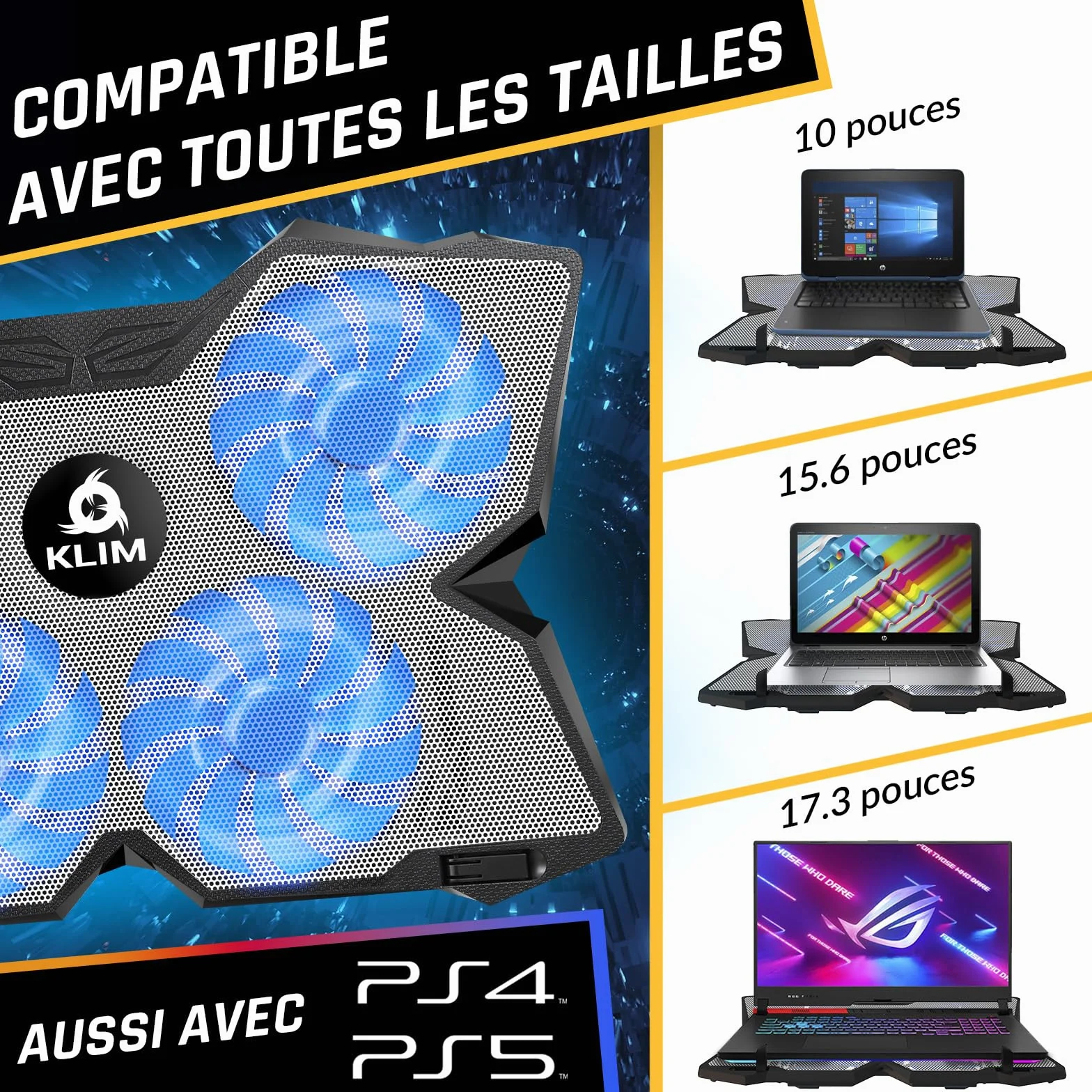 KLIM Wind Refroidisseur Ordinateur Portable 4 Ventilateurs Silencieux PC Portable PS5 PS4 Blanc Bleu