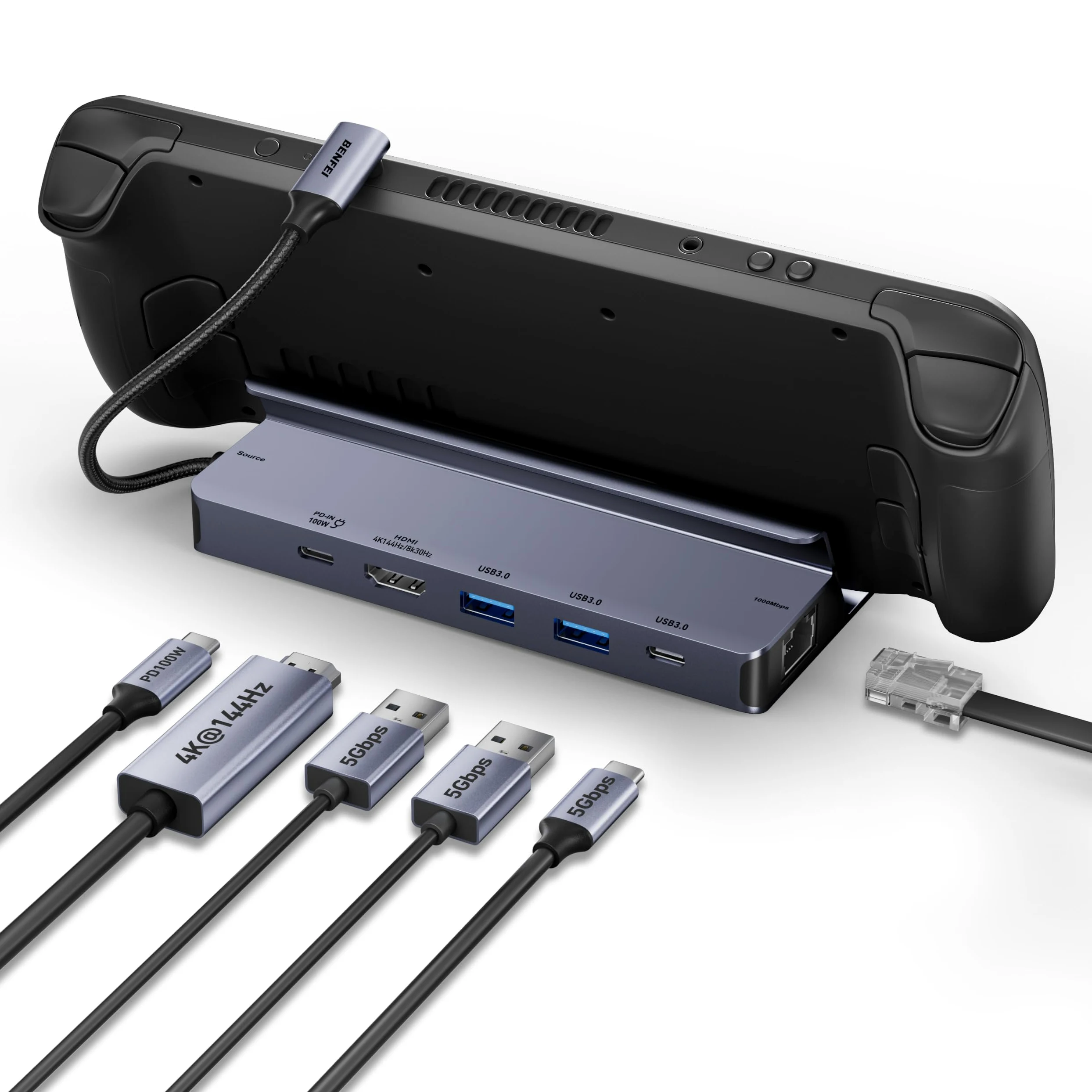 BENFEI Steam Deck Dock,Station d’Accueil 6-en-1 pour Steam Deck (OLED) et ROG Ally, Hub USB-C avec HDMI 8K@30Hz, 4K@144Hz, Ethernet Gigabit, 3 Ports de données (2X USB 3.0 + 1x USB-C), Charge PD 100W