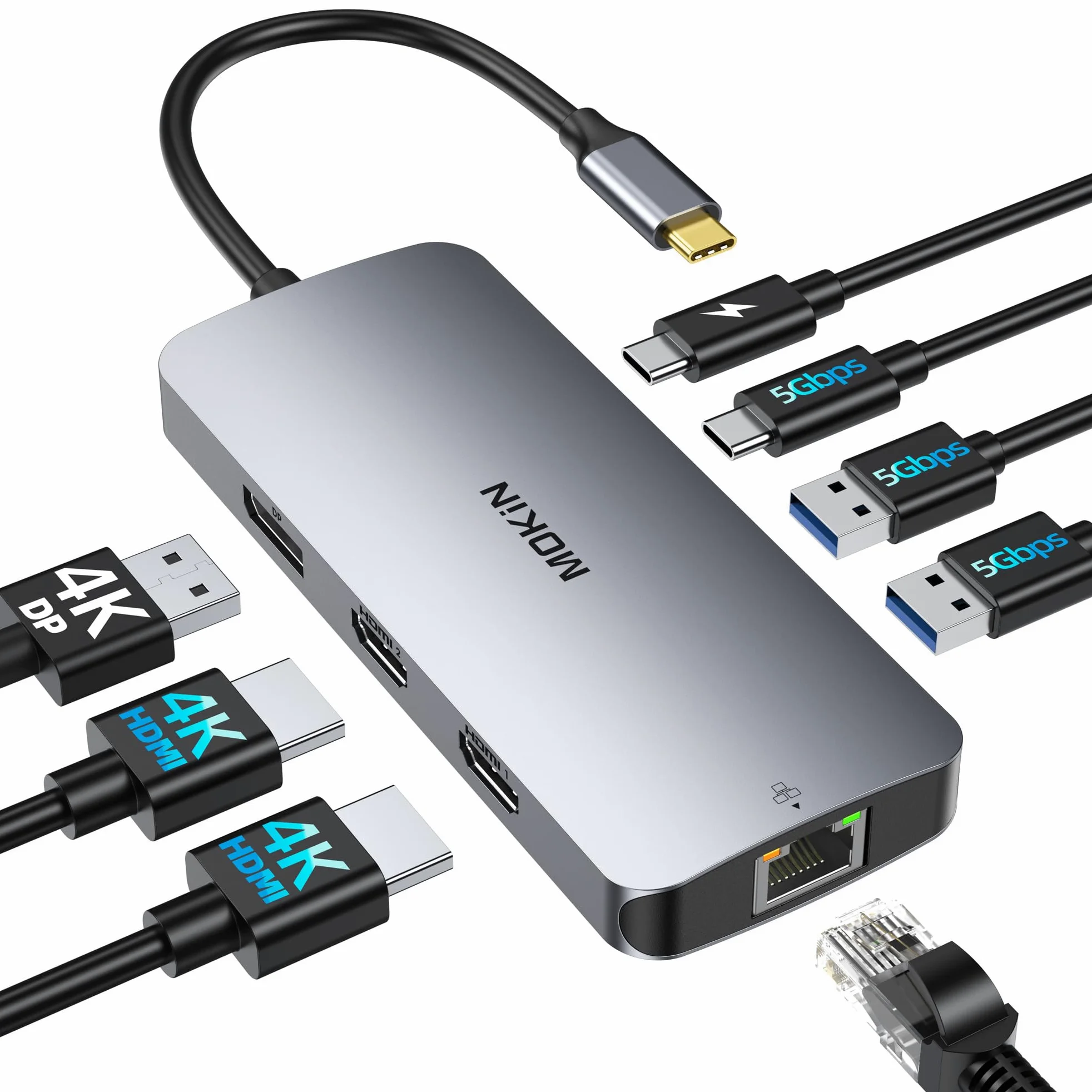 Station d'accueil USB C Dual HDMI, MOKiN 8 en 1 Docking Station pour 3 Moniteurs 4K, Dock USB C avec 2 HDMI et 1 DisplayPort, 1 Gbps Ethernet, Chargement 100W PD, 3 USB 3.0 Ports pour Dell, HP, Lenovo