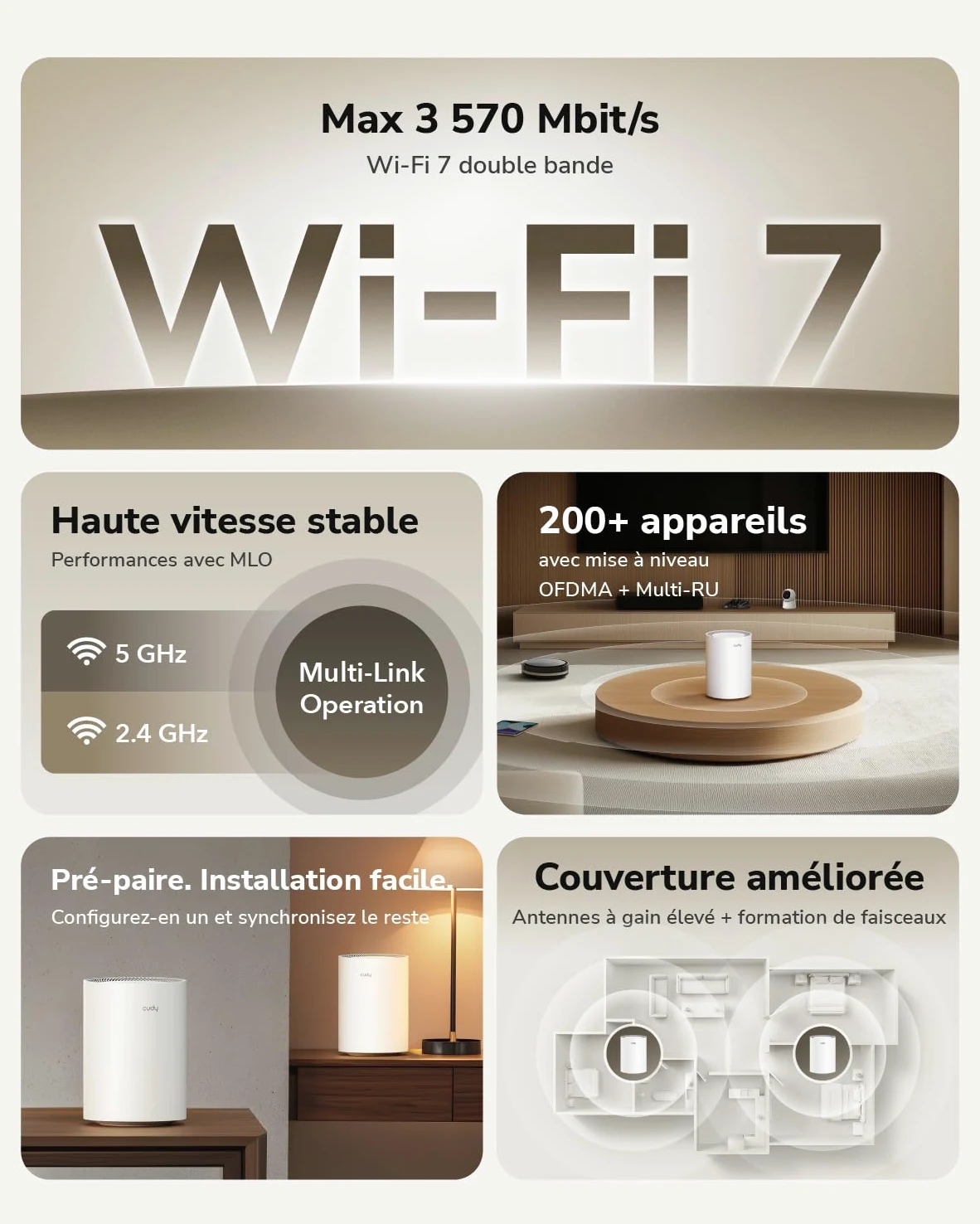 Cudy BE3600 Gigabit Wi-FI 7 Système Mesh, 270 m², M3600 3-Pack | Wi-Fi 7 double bande 2882 + 688 Mbps, 3 ports GbE, réseau maillé sans interruption, VPN WireGuard/OpenVPN/IPsec, MLO