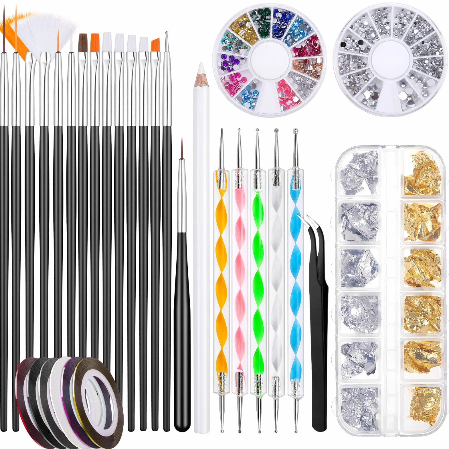 Kiiwah Kit Nail Art Design 31 Pièces Pinceau à Ongles Dotting Pens Strass Striping Tape Manucure