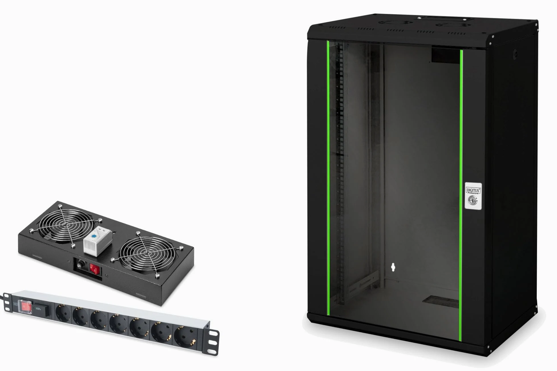 DIGITUS Set: Armoire réseau 19" 20U + Ventilateur de Toit + Bloc multiprise 7 Ports // Rack 19 Pouces - Montage Mural - 450mm de Profondeur - Charge 100kg - Profondeur utile 305-370 mm - Noir